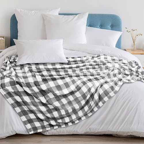 Miniatura 6 de PAVILIA Manta de lana cuadriculada gris claro para sofá, suave manta de franela a cuadros para sofá, manta decorativa a cuadros grises y blancos,