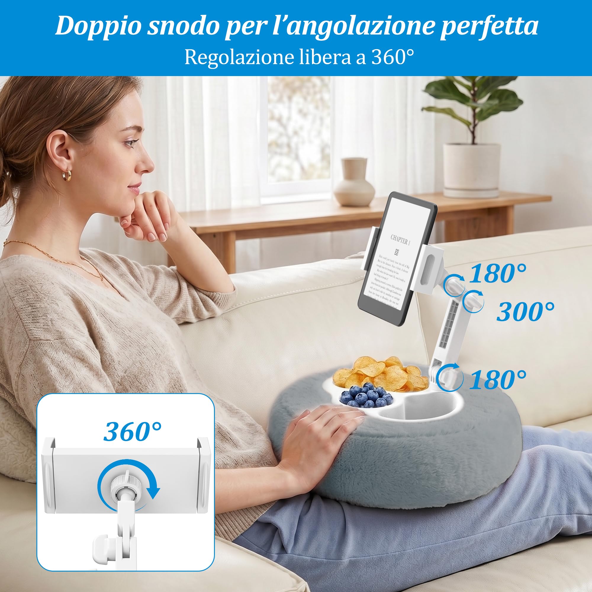 PlusAcc Cuscino per Kindle con 3 ciotole per snack – Cuscinetto porta-tablet, regolabile 360° per l’uso in grembo, supporto lettura mani libere per Kindle, Kobo, tablet, lavabile (Grigio)
