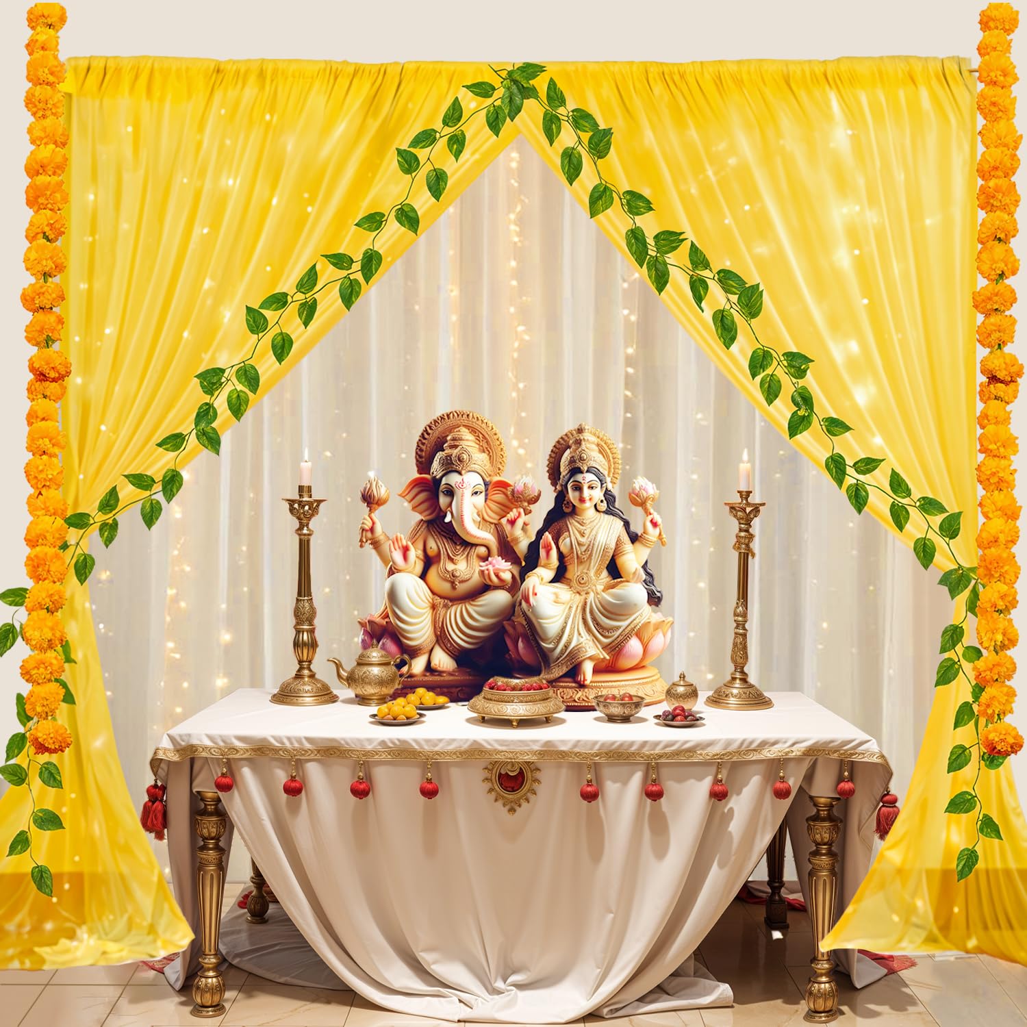 Party Propz Backdrop Cloth for Decoration Pooja with Light, Diwali Decoration for Home Decor, Navratri Decorations Items, Haldi Decorations Items for Home(11Pc)(Net)(Yellow, White)