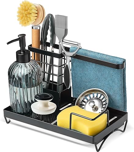 Soporte de esponja para fregadero de cocina, organizador de fregadero de metal a prueba de óxido con drenaje, organizador de almacenamiento para