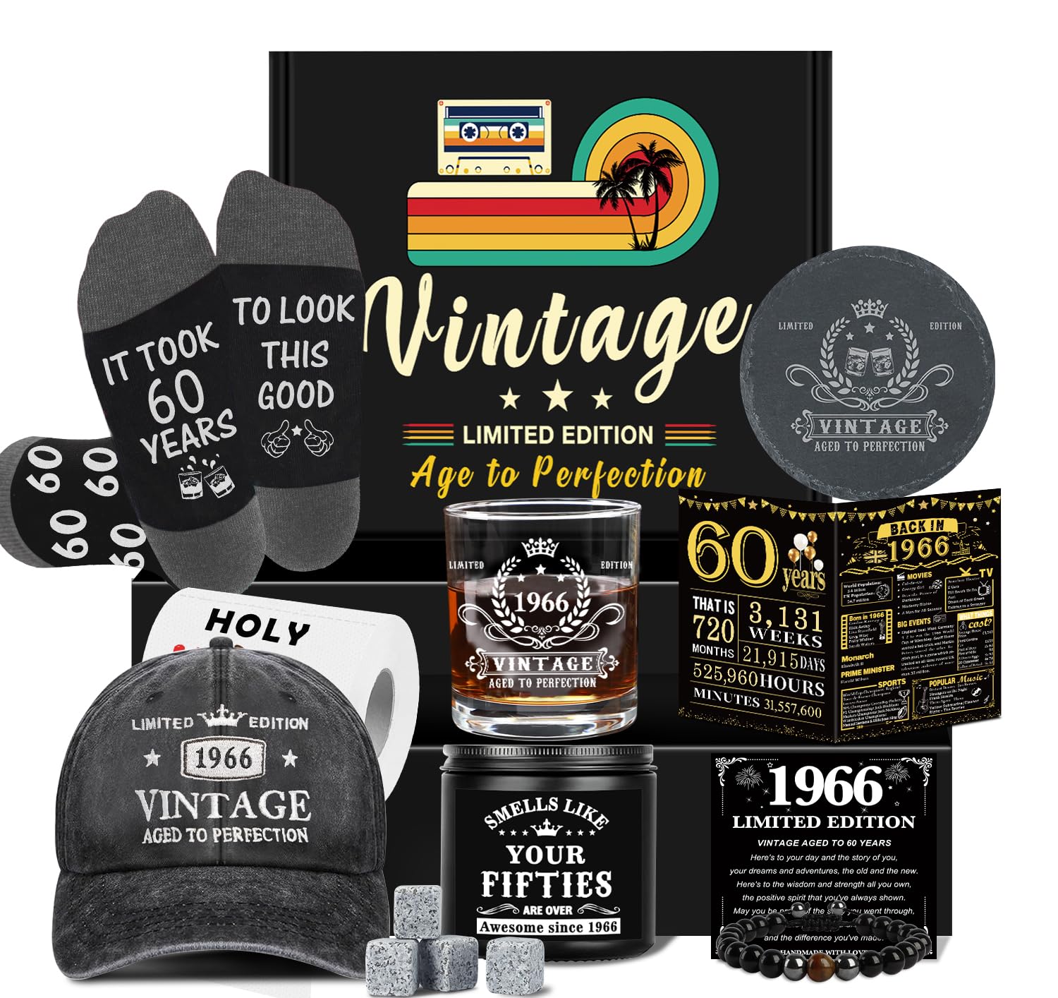 Amosking 60th Birthday Gifts for Men, Cool 60th Birthday Decorations for Men, 60 Year Old Gifts for Man Who Have Everything, 1966 60th Birthday Gift Baskets for Man Whiskey Glass Baseball Cap Candle