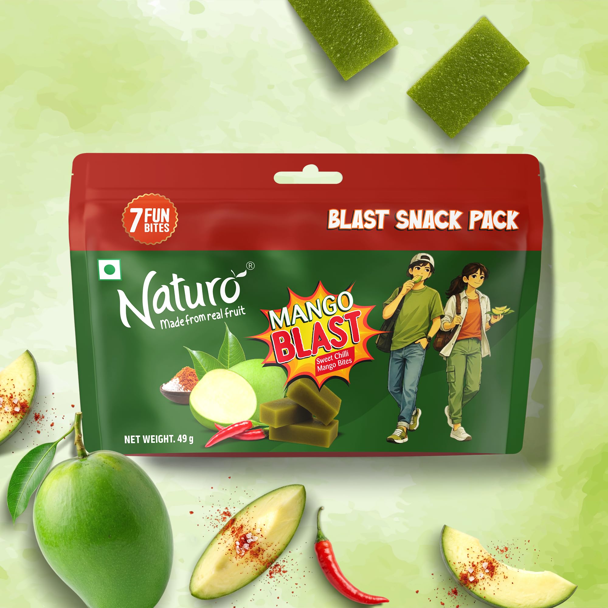 Naturo Mini Mango Blasty Bites | Made with Real Fruit Pulp | Soft & Chewy Fruit Snack | Source of Fibre | Fat Free | Mini Explorer Pack | 49g (7 Fun Bites) (Mango)-image-16