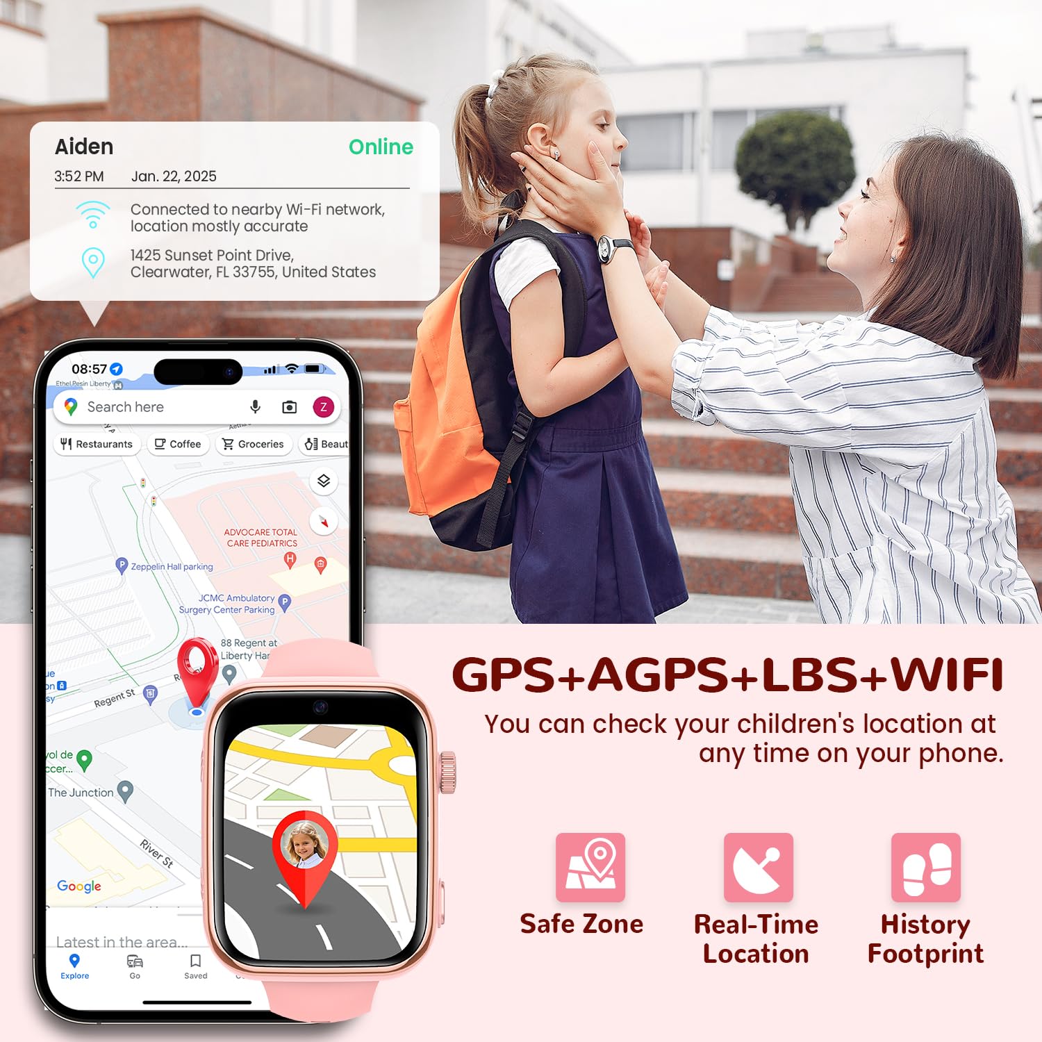 4G Children's Smartwatch, Smartwatch Children with GPS and Calls, Video Calls, Voice Chat, SMS, WhatsApp, SIM, SOS, School Mode, WiFi, Locator, Pedometer IP68 Watch Boy and Girls Pink Gift — view 2