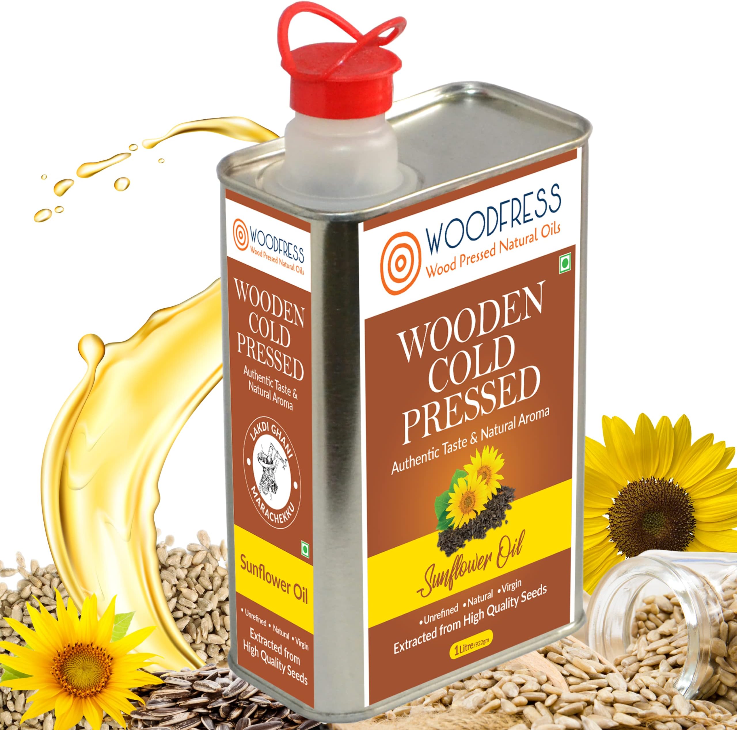 Pure Wood Pressed Cold Pressed Sunflower Oil| Unrefined, Chemical-Free, Natural Cooking Oil | Extracted From 4Kg Sunflower Seeds | Nutrient-Rich Edible Oil for Cooking | 1L