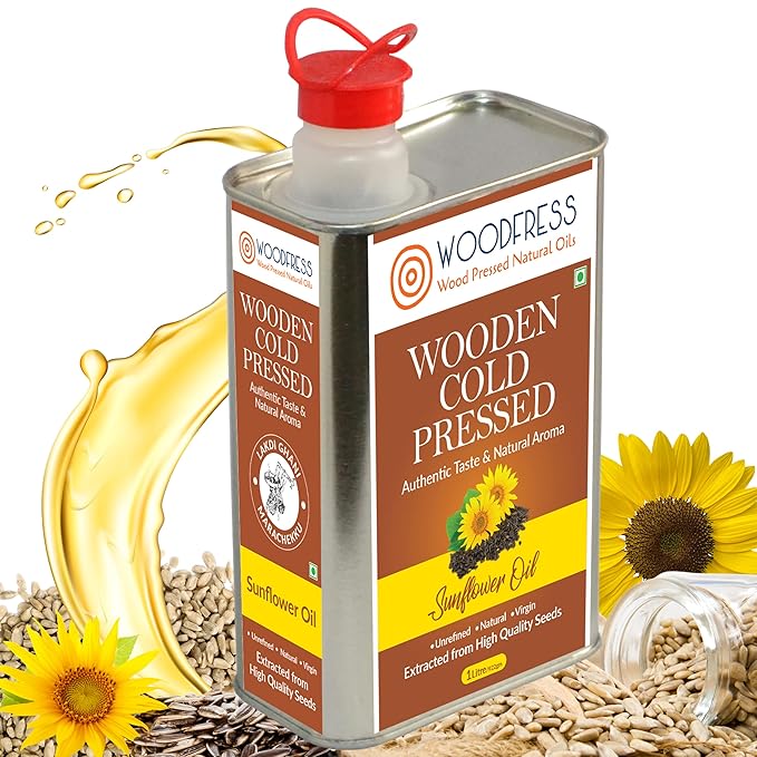 WOODFRESS Cold Pressed Sunflower Oil, Edible Oil 1 Litre Cooking Oil, Un Refined Sunflower Oil Cold Pressed, Wood Cold Pressed Oil Sunflower, Non Refined Oil 1 Litre
