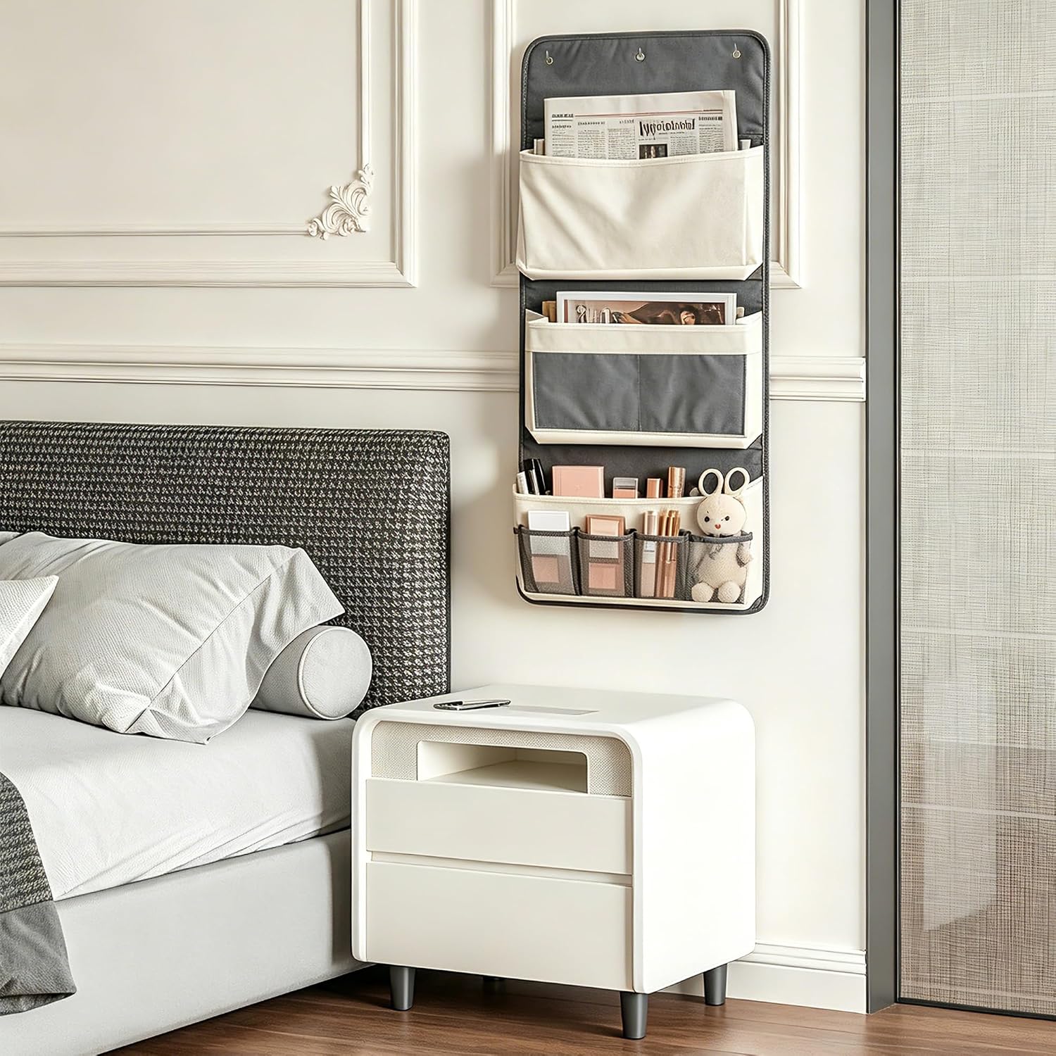 2pcs Wall Hanging Storage Bag File Organizer, Wall Hanging Baskets with Pockets, Over the Door Organizer for Home, College, Dorm, Kitchen, Office, RV Camper(Grey & White)