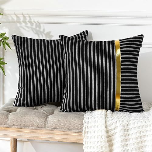 Miniatura 4 de OTOSTAR Paquete de 2 fundas de almohada decorativas de cuero dorado a rayas de 18 x 18 pulgadas, funda de cojín cuadrada negra para sofá, cama, sala