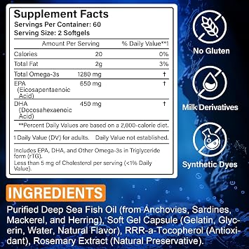 Omega 3 Fish Oil Capsules, High Purity Fish Oil Supplement, 120 Capsules, Clean Formula, Tested for Heavy Metals