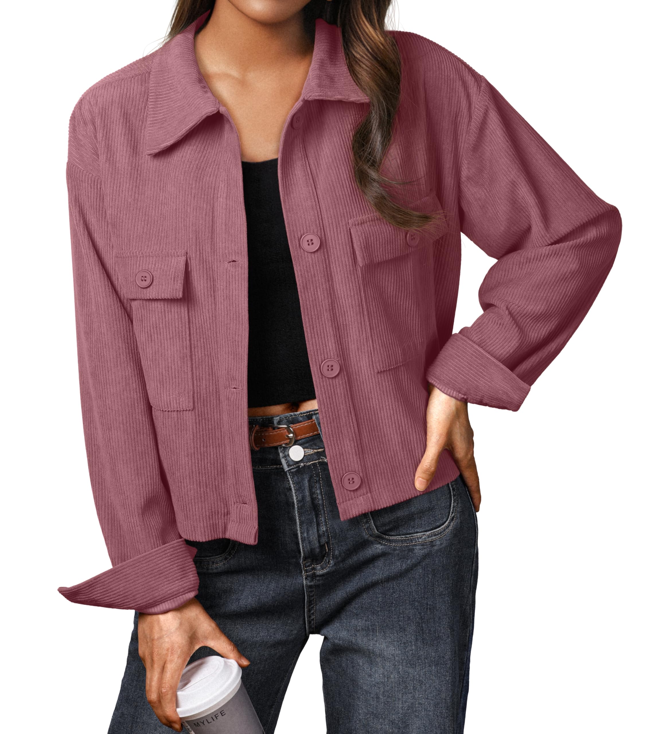 IWOLLENCE Cordjacke Damen Hemdjacke Cordhemd Kurzjacke Langarm Revers Button-Down Shacket Mantel
