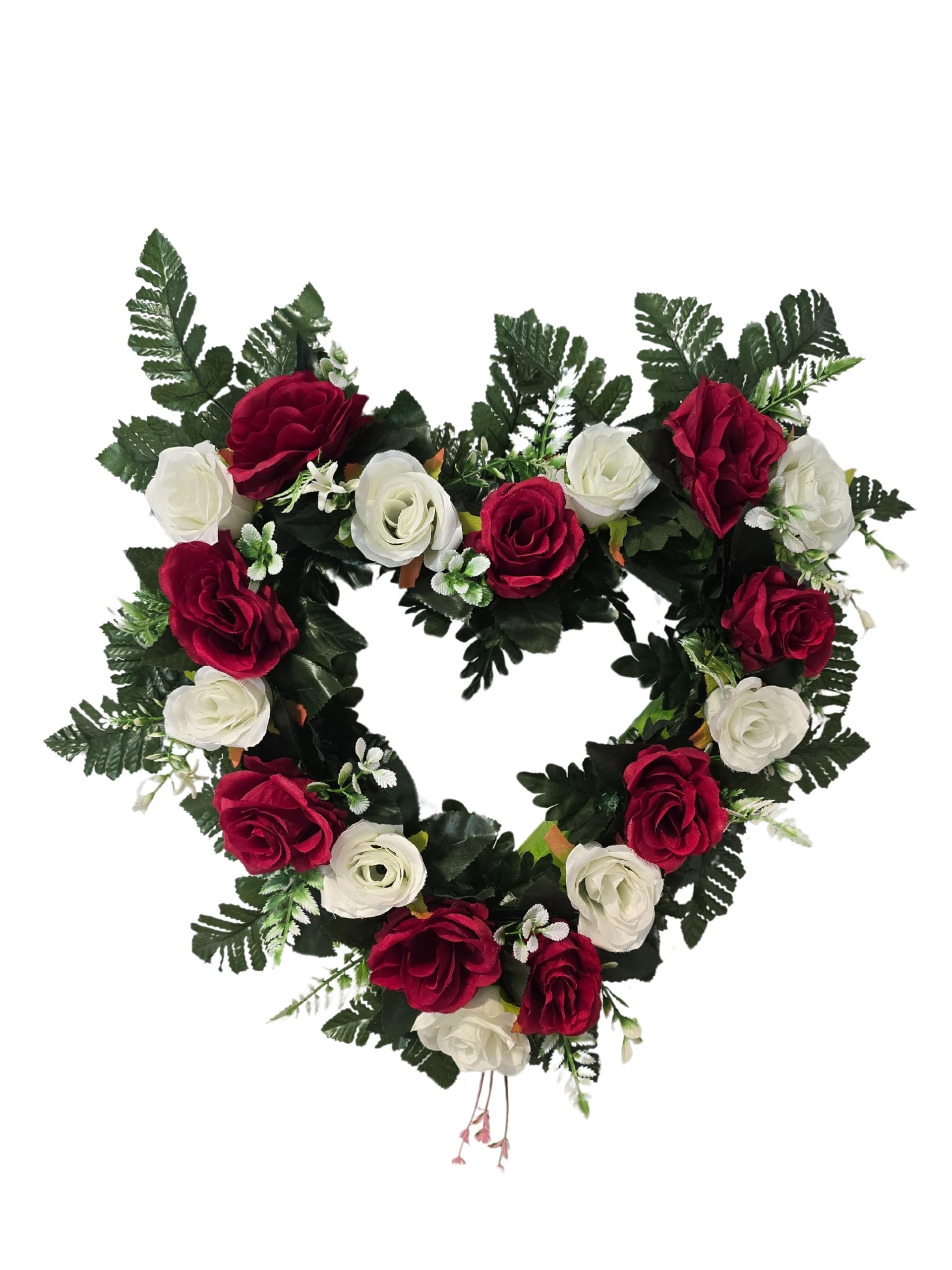 DRW Corazon de Rosas Blancas y Rojas Centro de Flores Artificiales Cementerio, Iglesia Bodas sepulturas 65x30x65