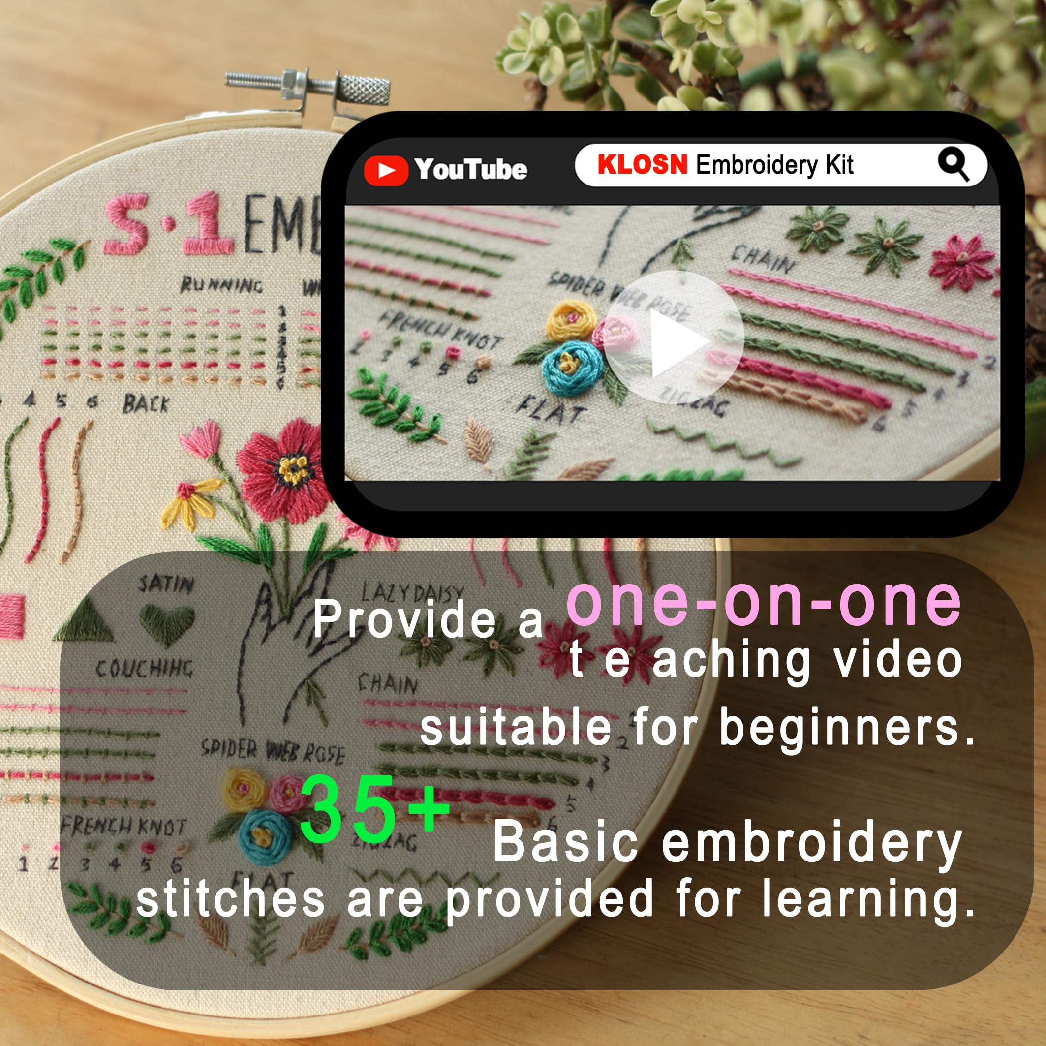 KLOSN 3 Sets Embroidery Kit for Beginners, 37 Embroidery Stitch Kits Adults Beginner with Embroidery Patterns, Punch Needle Point Kits Adults Including Embroidery Supplies and Instruction Video