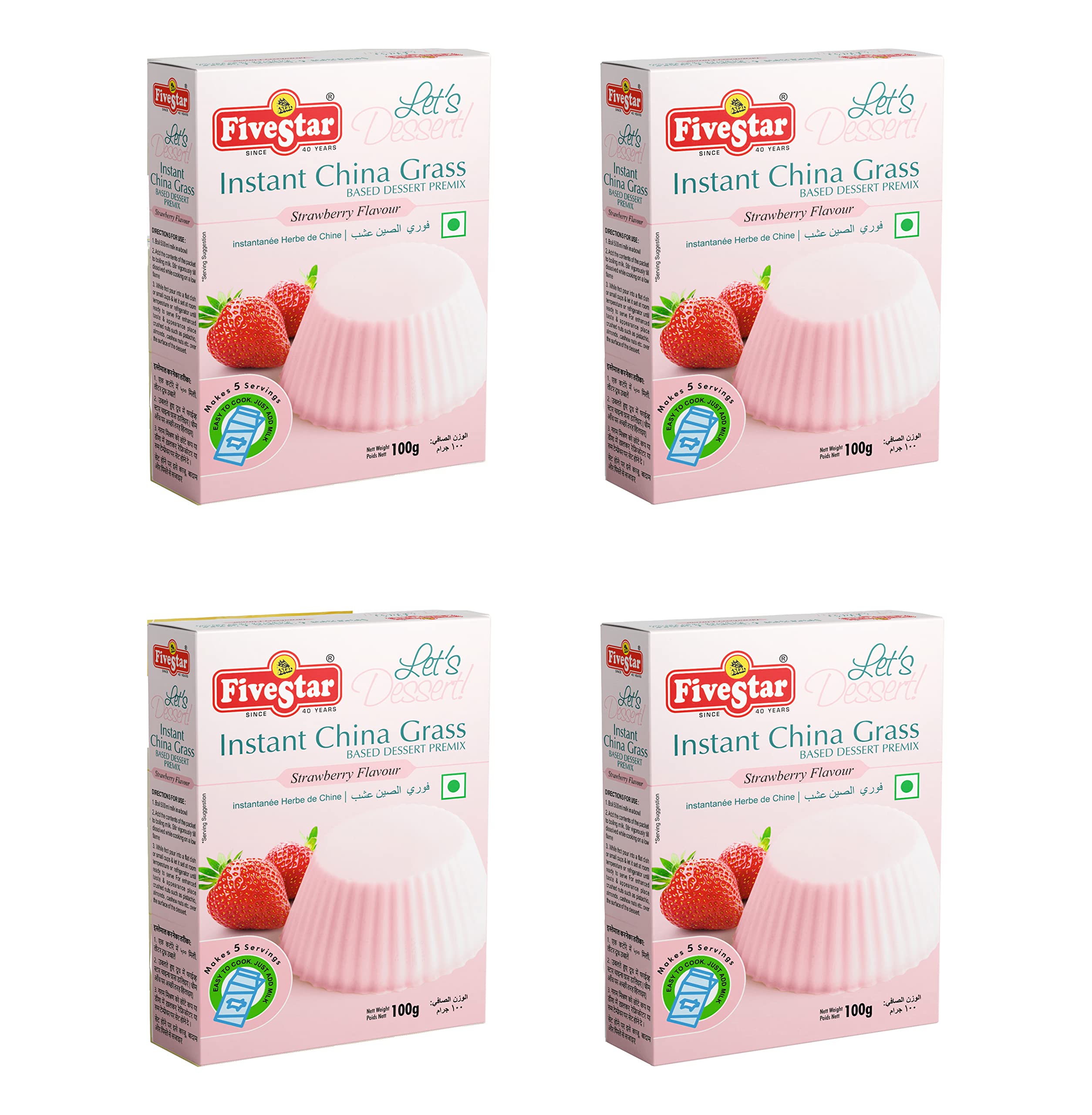 FIVESTAR Instant China Grass Mix – Strawberry Flavour, 100g Box Each | Pack of 4 (Total 400g) | Easy to Make Delicious Dessert Mix for Pudding, Jelly & Sweets | Vegetarian