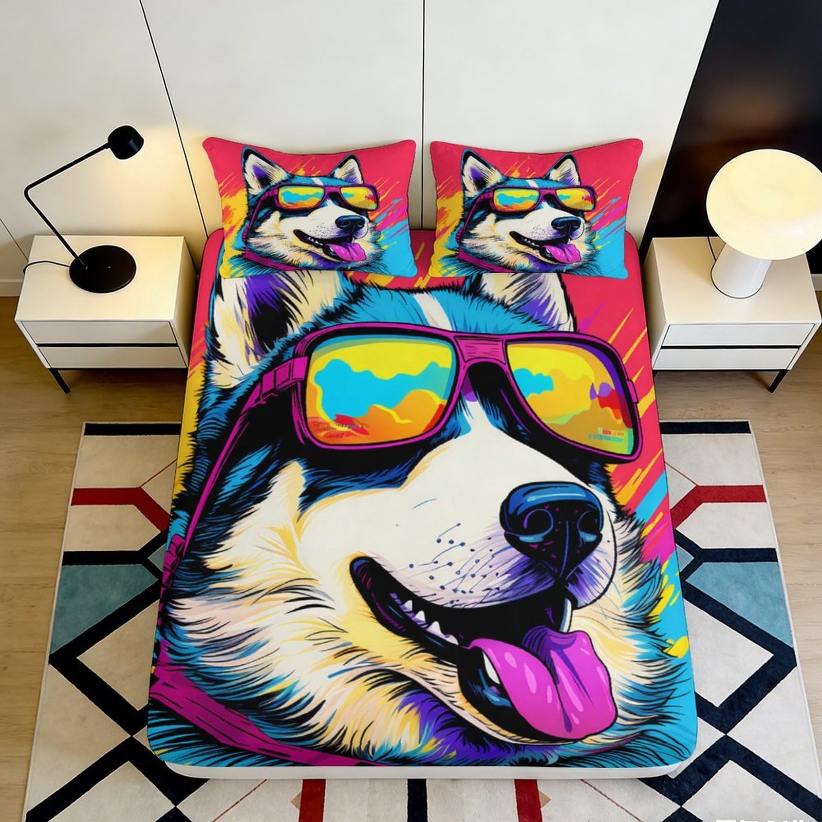 3D Printed Husky Sunglasses Fitted Sheet Microfiber Colourful Dog Bed Sheet for Bedroom Guest Room Decor Easy Care 90x200x25cm