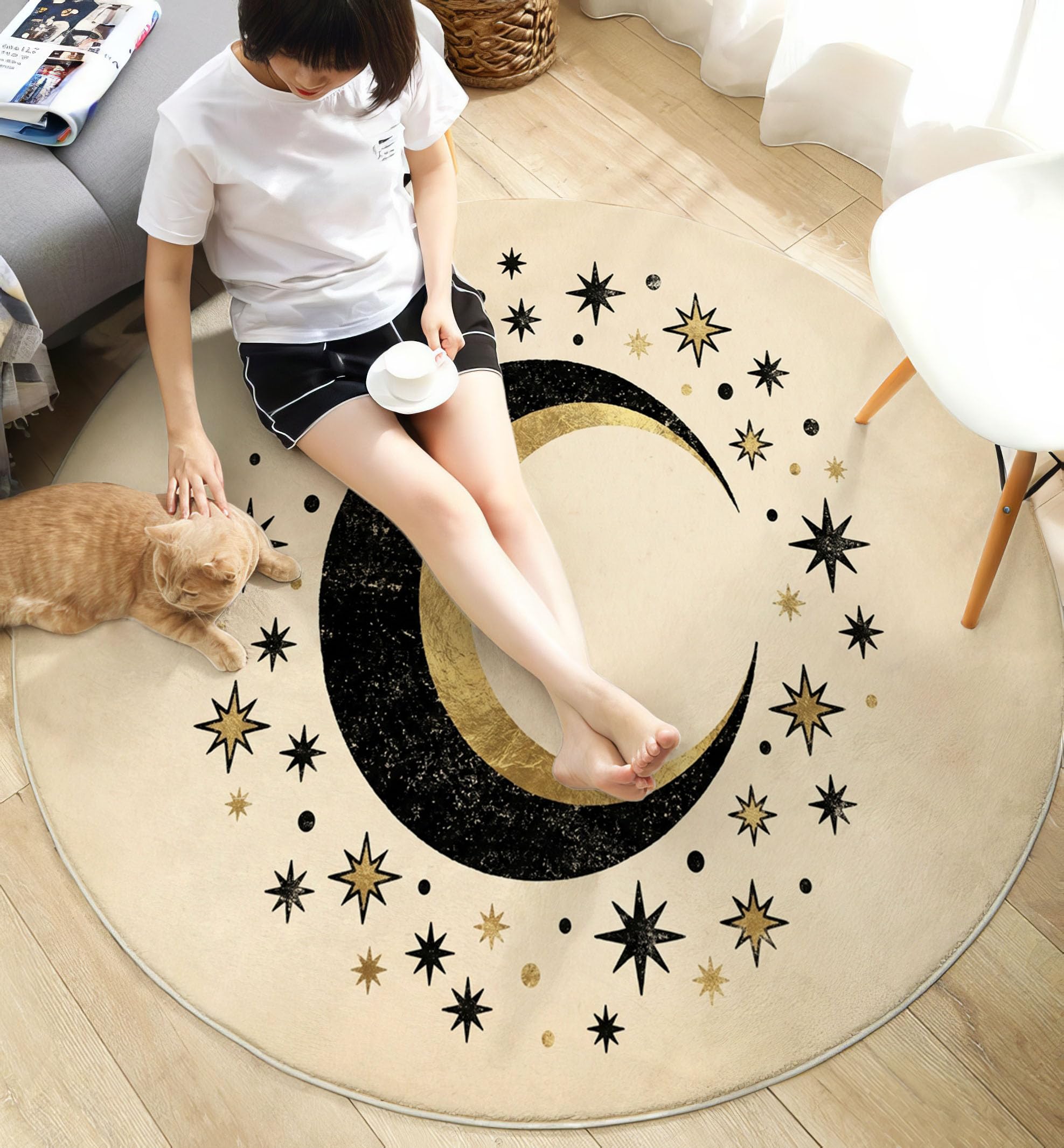 Tapis Rond Lavable Antidérapant Mystérieuse Lune d'or Noir | Étoiles De Luxe Peintes À La Main Rond Tapis 160 Cm Doux Poil Ras Pour Salon Chambre Bureau, Beige Moquette Circulaire