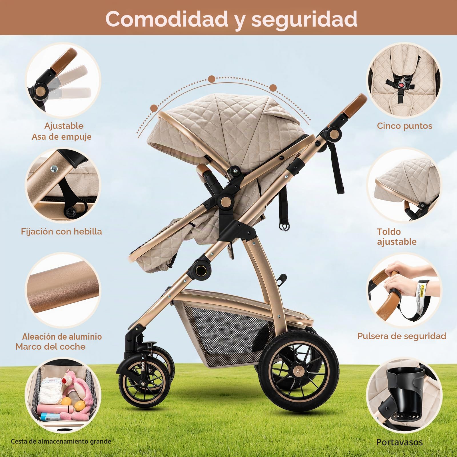 Zkiprm Cochecito 3 en 1 con asiento de coche, cochecito compacto y portátil, apoyabrazos ajustables, protección contra golpes, marco de aluminio