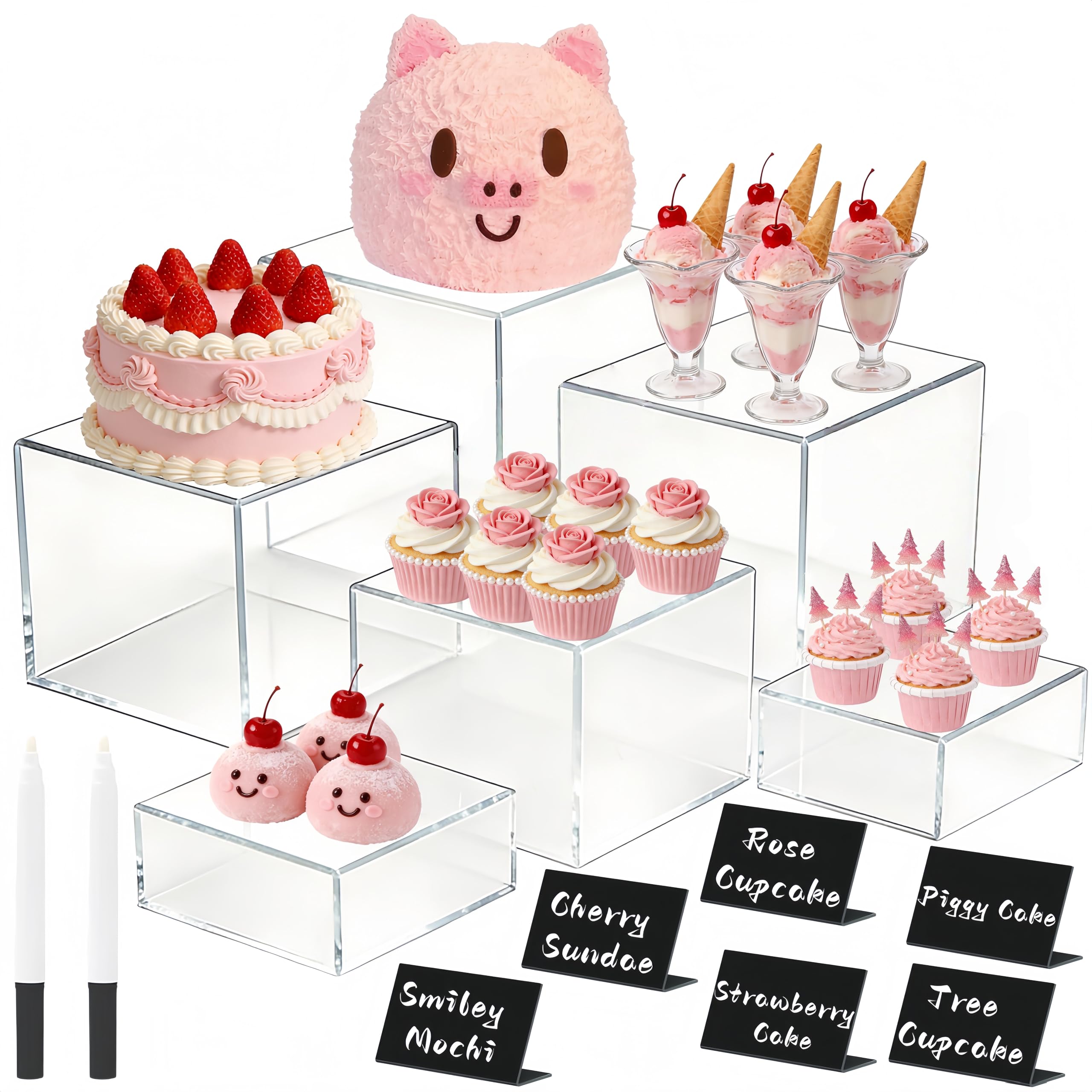 Photo 1 of **MISSING PARTS/ONLY 4 RISERS***TESSTSY 6 Pcs Clear Acrylic Buffet Risers and Stands, Acrylic Food Risers for Buffet Table Display Stand, Party Collectibles Dessert Jewelry Catering with Mini Table Sign (8" 7" 6" 5" 4" 4")