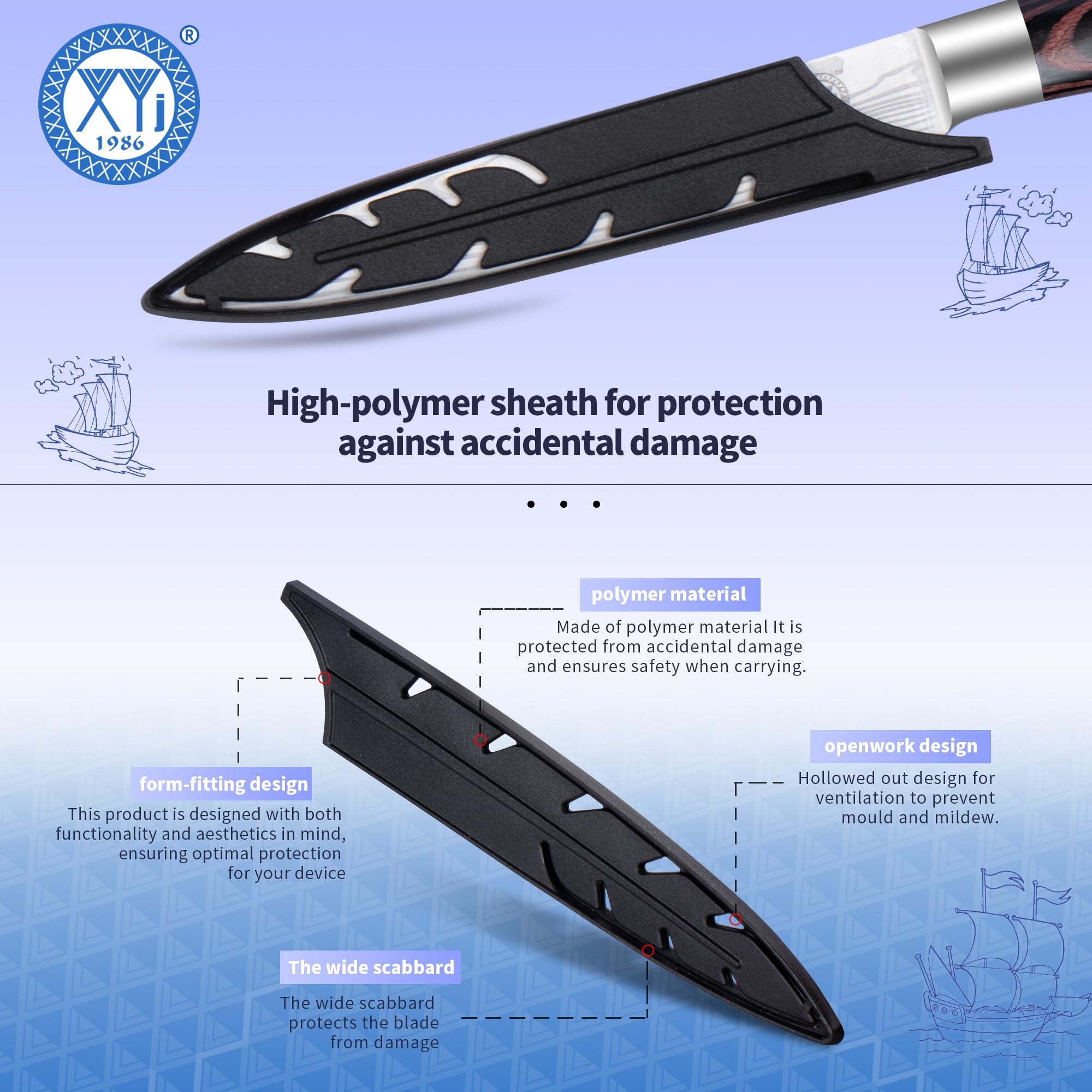 XYJ Autentico dal 1986, coltello da cucina multifunzione da 5 pollici, coltello da bistecca in acciaio inossidabile, coltello per affettare frutta e verdura, coltello macellaio con fodero