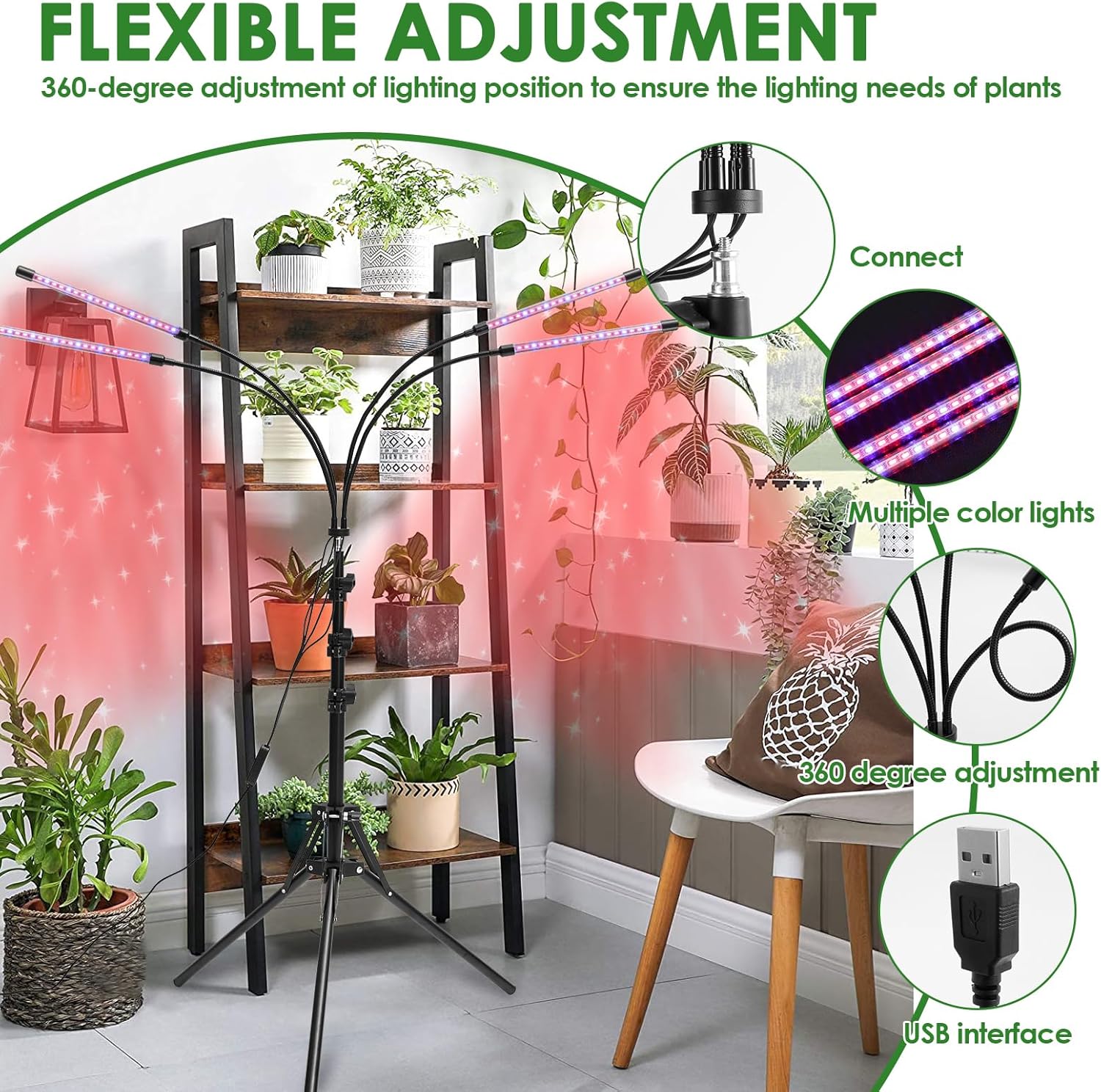 Grow Lights for Indoor Plants Full Spectrum Plant Lights, 80 LEDs Floor Plant Growing Lamp w Auto Off Timer 3/9/12h, 3 Color Light, 28-87" Adjustable Height Tripod Stand for Small Plants