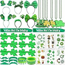 68Pcs St Patricks Day Accessories Party Supplies Set, Headband Glasses Beads Necklaces Tattoo Stickers for St Patricks Day Costume Party