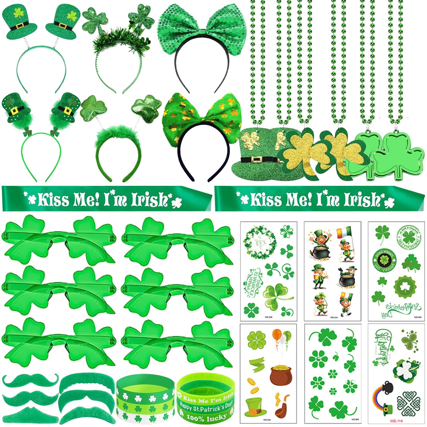 68Pcs St Patricks Day Accessories Party Supplies Set, Headband Glasses Beads Necklaces Tattoo Stickers for St Patricks Day Costume Party - 1
