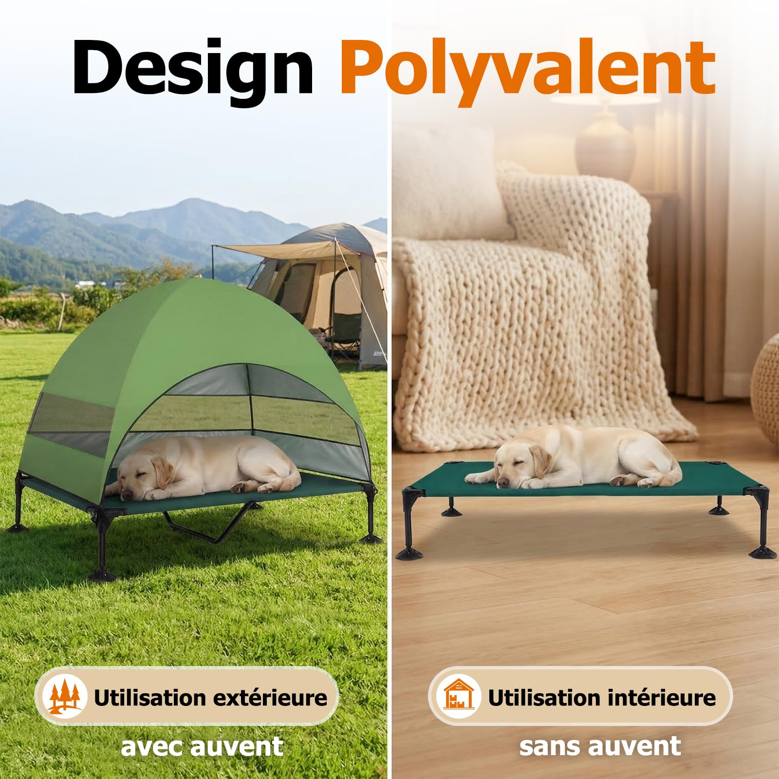 Panier pour Chien Surélevé avec Toit, Pliable avec Pieds Antidérapants, Tente d'extérieur avec Grande Ombre, Lit Rafraîchissant pour Chien, pour Camping, Jardin, Plage et Piscine (Vert, XL)
