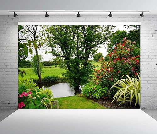 Miniatura 2 de CSFOTO Telón de fondo de jardín de 7 x 5 pies para primavera, picnic al aire libre, campo de fotografía, campos, árboles, parque, río, primavera,