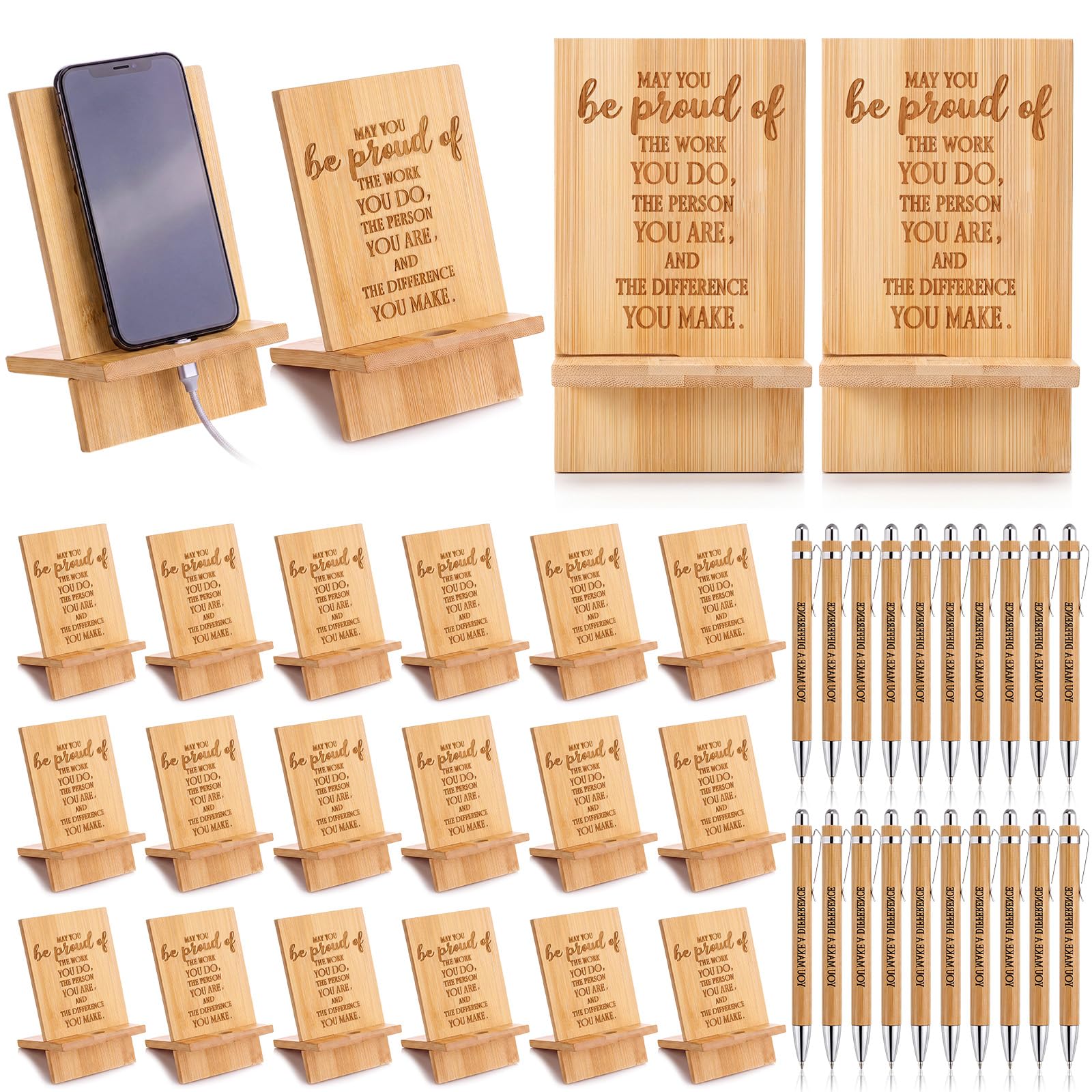 Ripeng Set di 20 supporti per telefono natalizi in bambù con penne a sfera per scrivania, impiegati, colleghi, volontari, infermiere, insegnanti (singolo)
