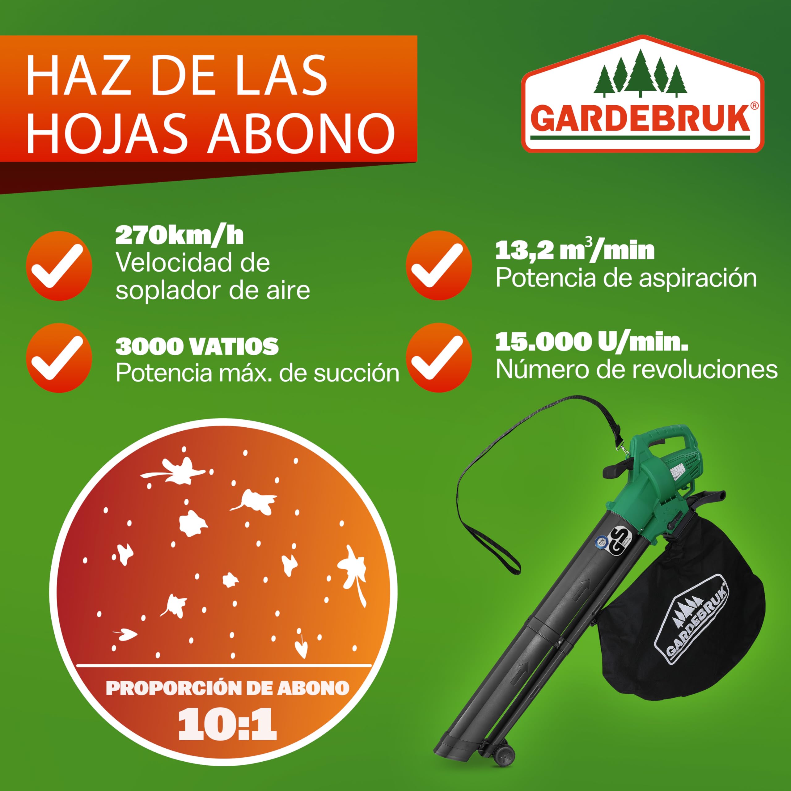 GARDEBRUK® Soplador de Hojas, Aspirador, Soplado 270km/h, Capacidad 13,2m³/min, Función Trituradora, 3en1 Bolsa, 45L, Herramienta Jardinería, 3000W, Sopladores Exteriores Potentes, Ligero