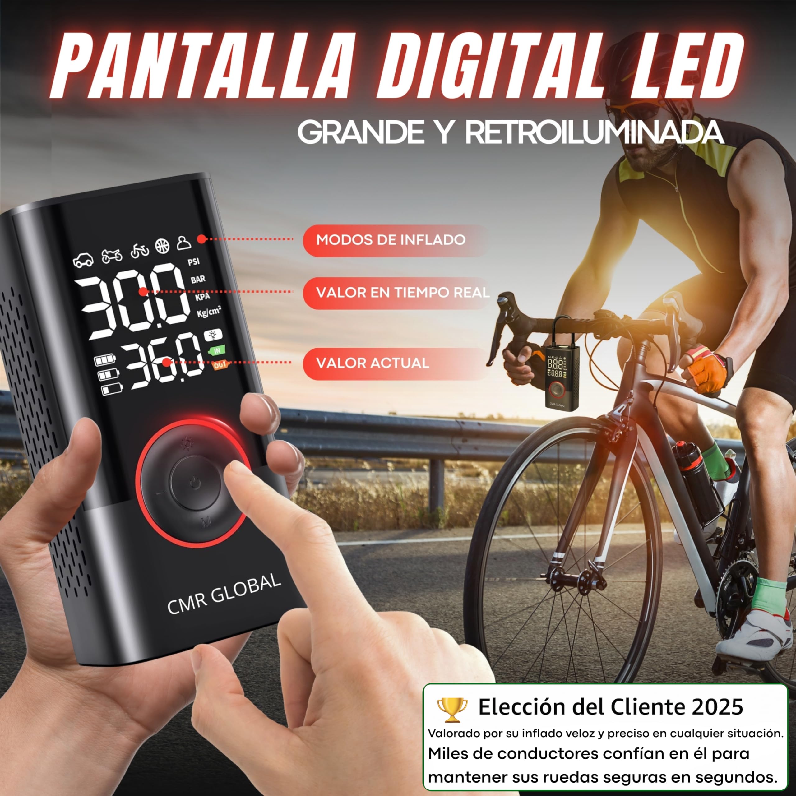SUPER PRO Compresor Aire Portatil. Inflador Ruedas Coche. Inflador Eléctrico con Linterna 150 PSI para Coche Moto Bicicleta Pelota. Hinchador eléctrico Batería Recargable 4000 mAh. Viaje Emergencia