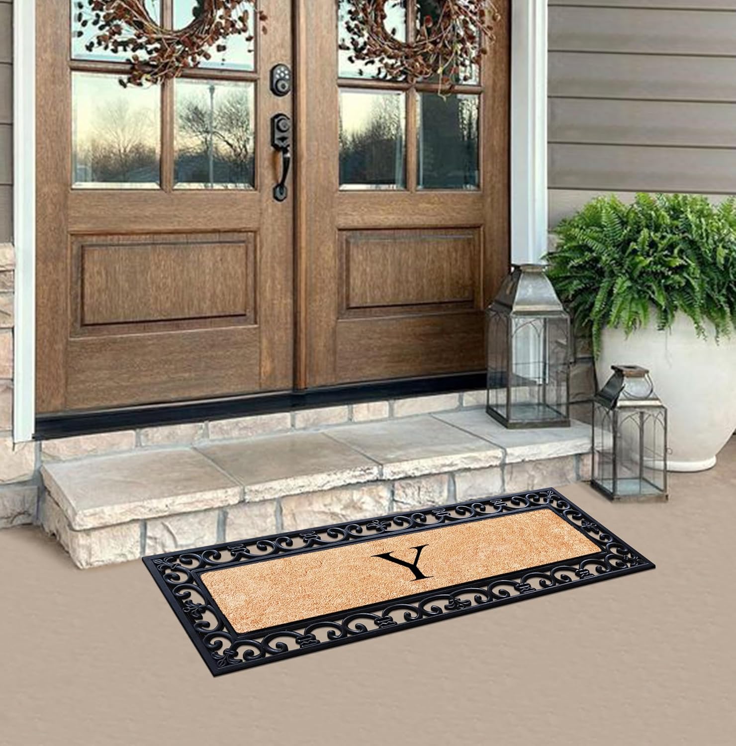 A1HC Natural Coir Monogrammed Doormat for Outside Entrance, Anti-Shed Treated Durable Front Door Mat, Heavy Duty and Easy to Clean Entry Mats - 18" x 48"
