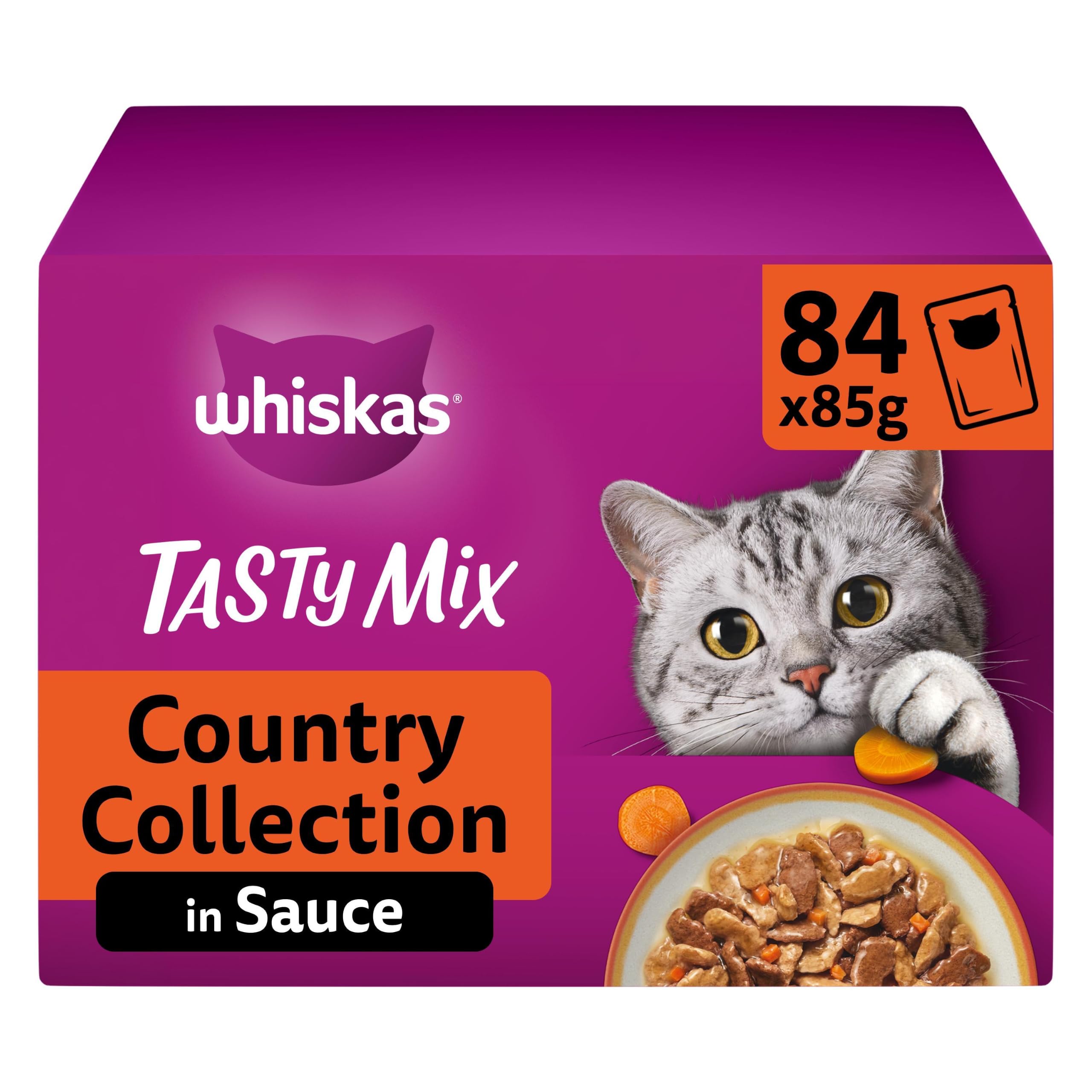 Whiskas Adult 1+ Katzennassfutter Tasty Mix Country Collection in Sauce, 84 Portionsbeutel, 84x85g (1 Großpackung) – Hochwertiges Katzenfutter nass, für ausgewachsene Katzen
