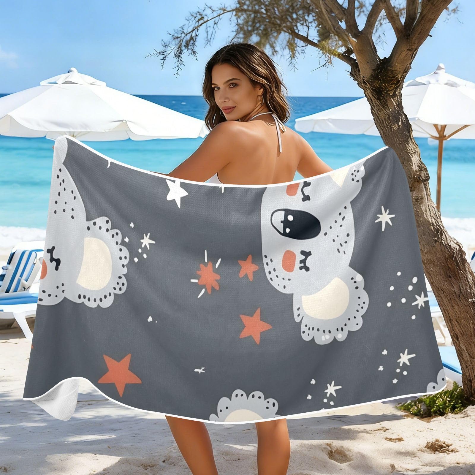 Grande serviette de plage avec sacs en maille pour adultes, motif koalas gris avec étoiles avec fermeture magnétique, anti-sable, absorbante à séchage rapide, pour piscine, camping et voyage