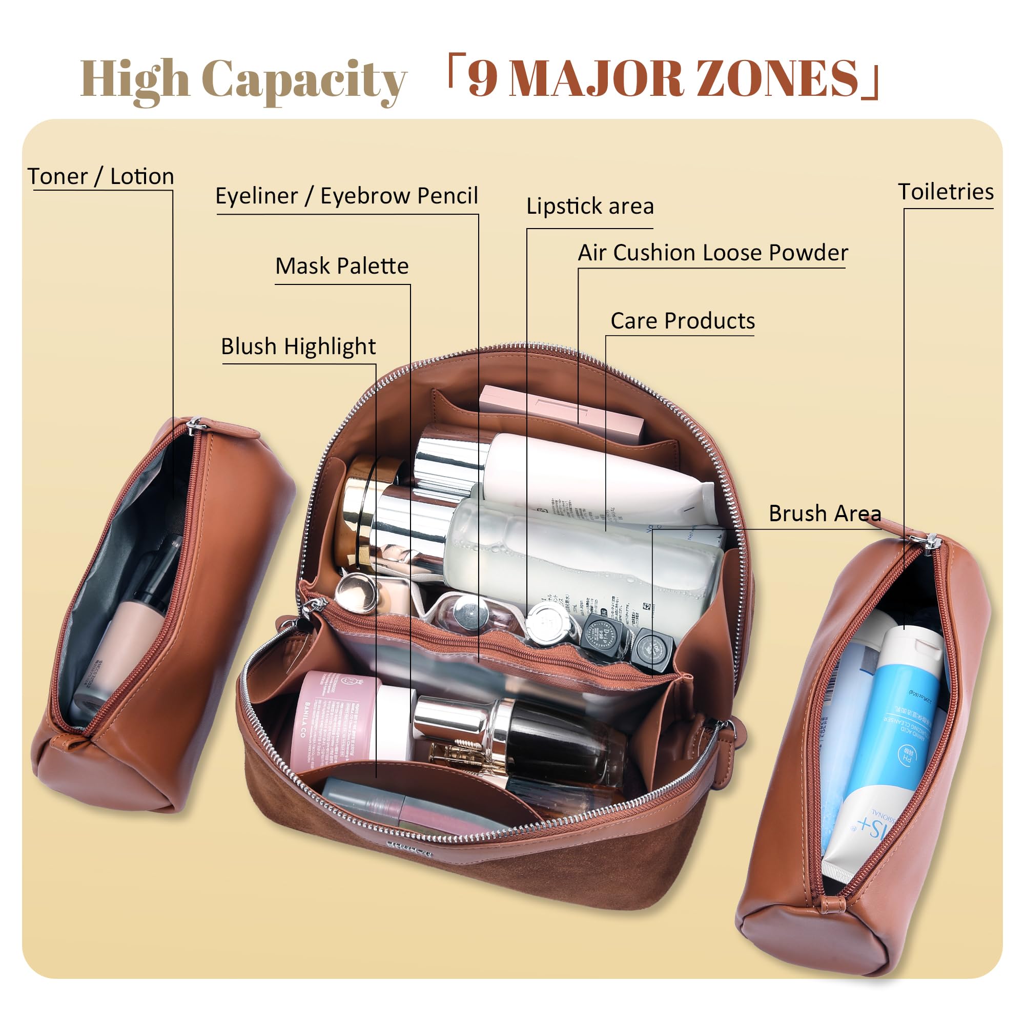 BOYATU Genuine Leather Travel Makeup Bag Set, 3-Piece Cosmetic Organizer