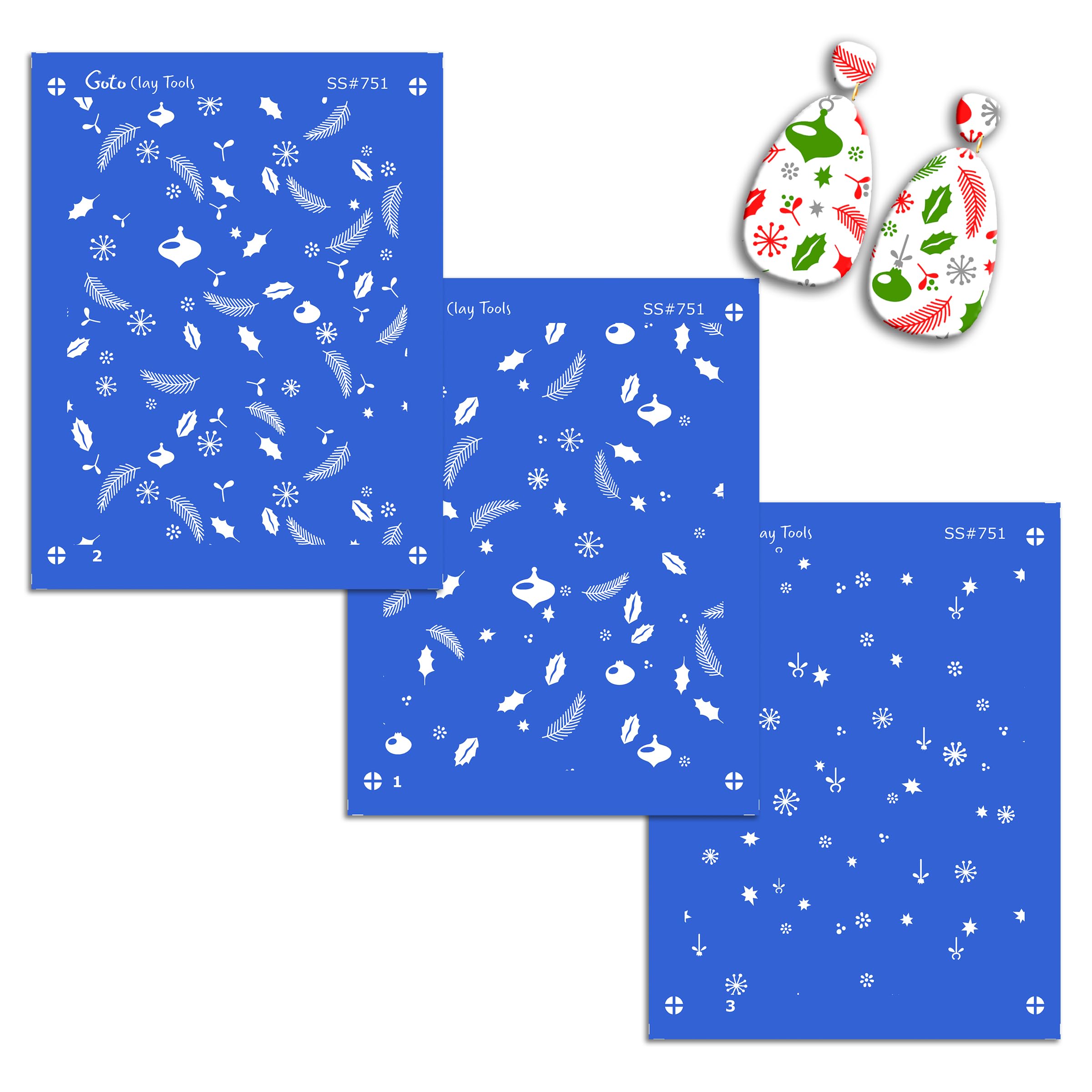 GOTO CLAY TOOLS Christmas Silk Screen Stencils For Polymer Clay - 3 PC Ho Ho Pattern Set (SSCMB-64)