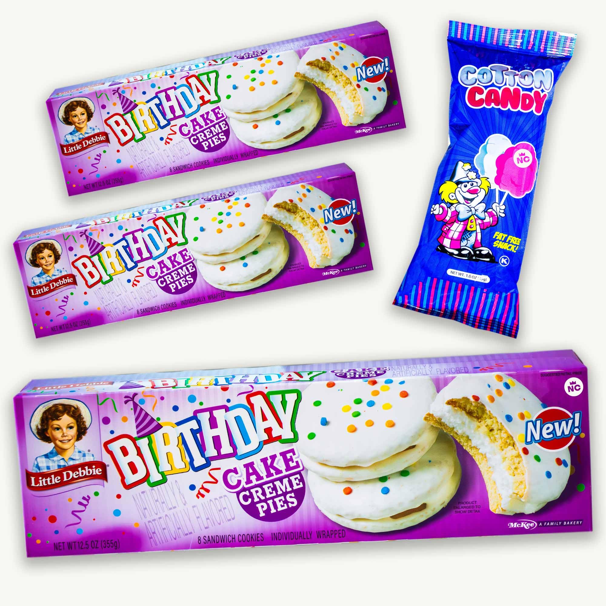 Birthday Creme Pies (3, 12.5oz pks) - Cotton Candy (1.6oz) - Gourmet Snack Bundle - 4 Items Total