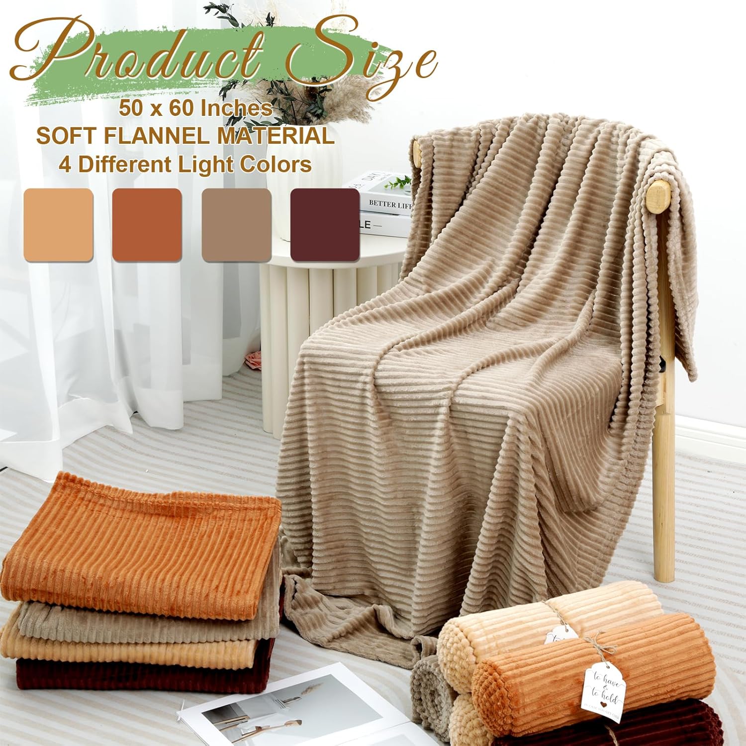 12 Pcs Terracotta Wedding Flannel Throw Blanket Bulk 50 x 60 Inch with to Have to Hold Card Striped Ribbed Soft Throw Blanket Lightweight Blankets for All Seasons Wedding Gifts Sofa Room(Terracotta) - Image 2