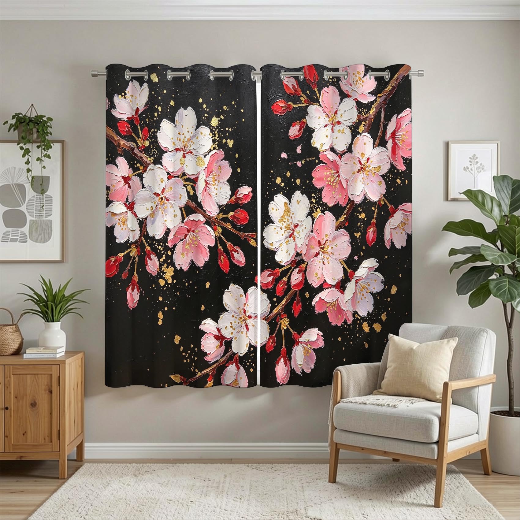 Kirschblüten Vorhänge Blickdicht mit Ösen H 200 x B 100 cm 2er Set