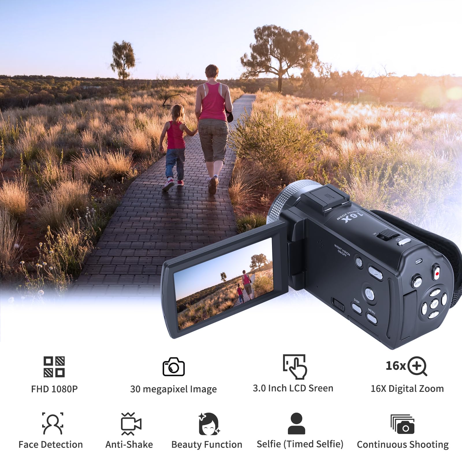 ORDRO V12 Caméscopes HD 1080p Caméra Vidéo Enregistreur Infrarouge Vision Nocturne Caméscopes Caméscopes avec Carte Mémoire 16G et 2 Batteries