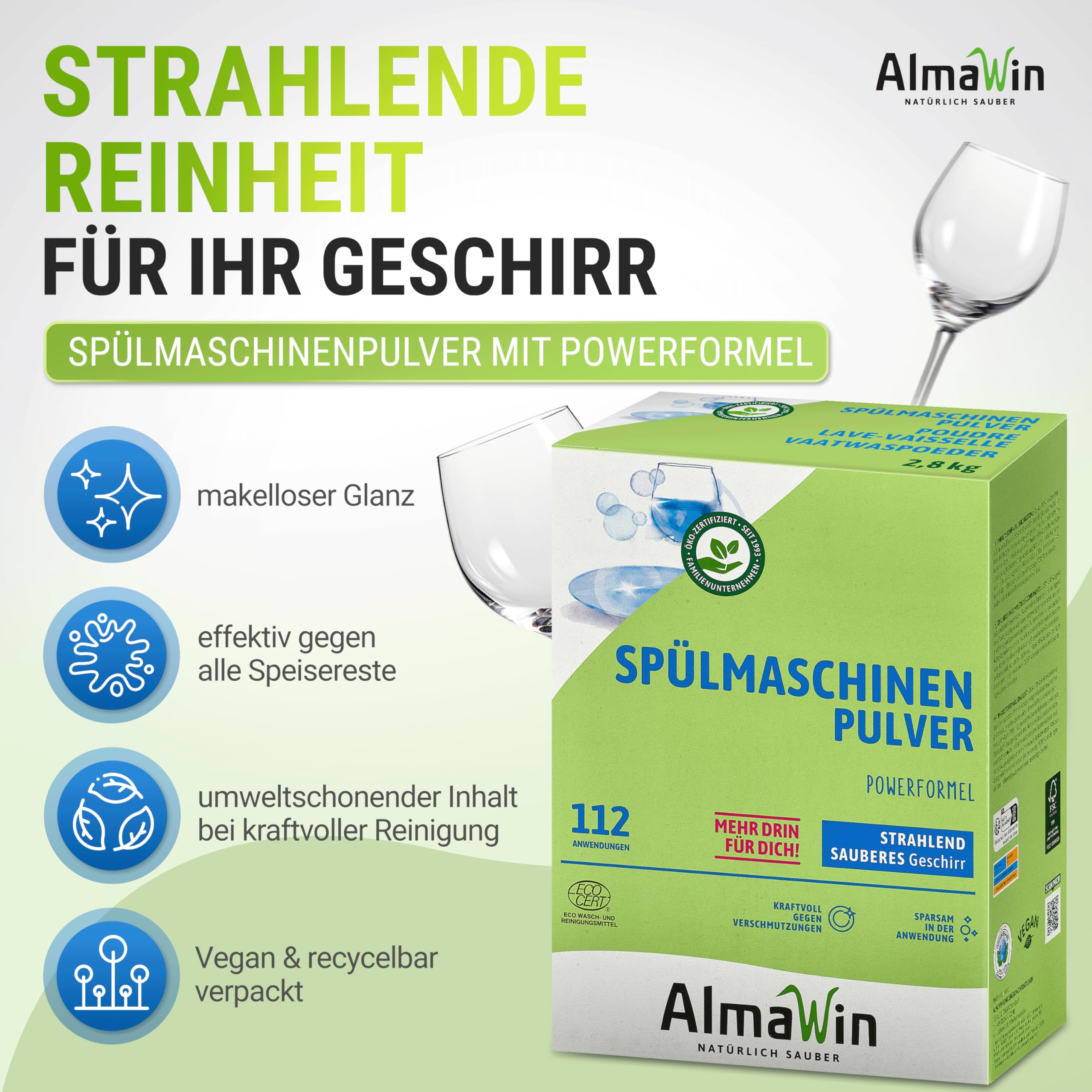 AlmaWin® Spülmaschinen Pulver mit Powerformel für strahlend sauberes Geschirr [4x 2,8kg - 448 Anwendungen] - Kraftvolles Geschirrspülmittel Pulver - Ohne Phosphate, Öko & VEGAN, Dishwasher Powder