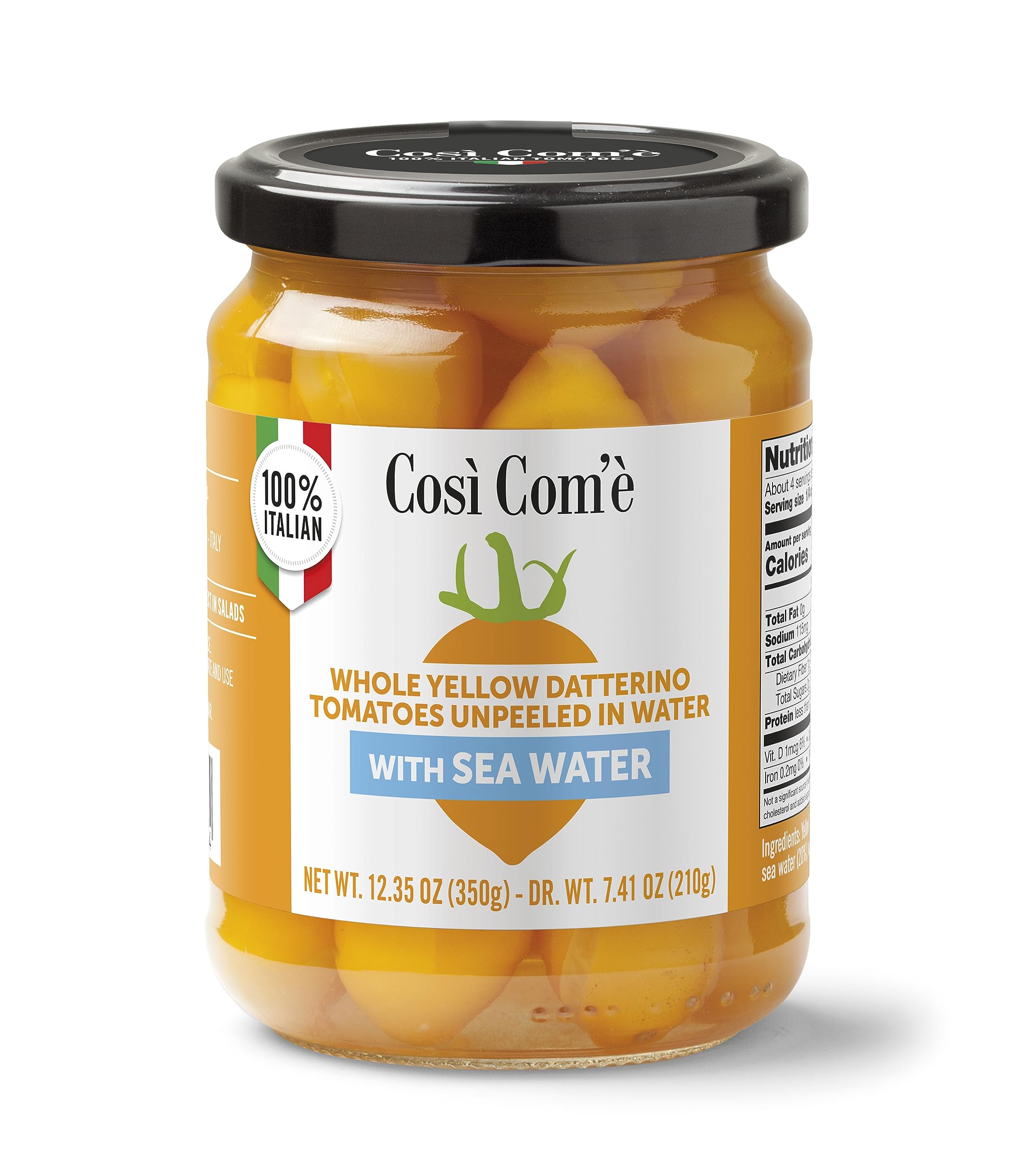 Così Com'è, Whole Yellow Datterini Tomatoes in Sea Water, (12.354 oz) 350 g,low-acid, No additives, no preservatives, 100 Natural, Non-GMO, Product of