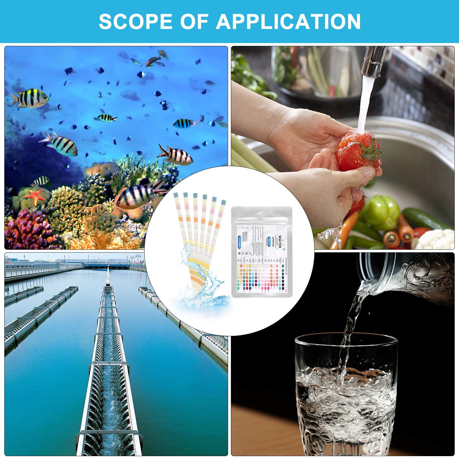 TNSLAND 16 en 1 Test eau Potable, 50 Pièces Test de La Dureté de L'Eau, Kit Analyse Eau, Test du PH, Plomb, Fer, Cuivre, etc., Convient pour L'Eau du Robinet Domestique, Aquariums, Les Piscines