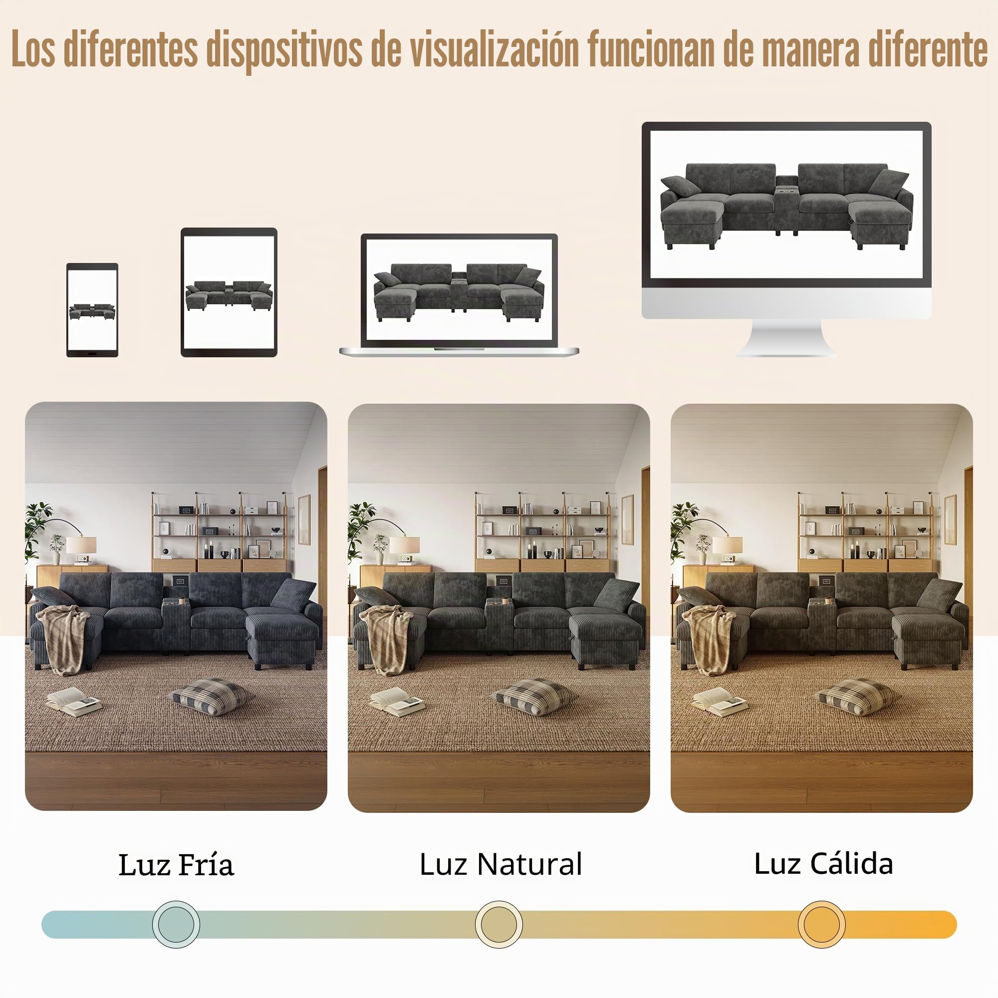 LAKFEW Sofa de 4 Plazas en U con USB C y 2 Reposapiés de Almacenaje, Sofas de Salon 4 Plazas con 2 Portavasos y 2 Cojines, Sofa Modular Rinconera, Couch, Pana, 315x135x81 cm, Gris