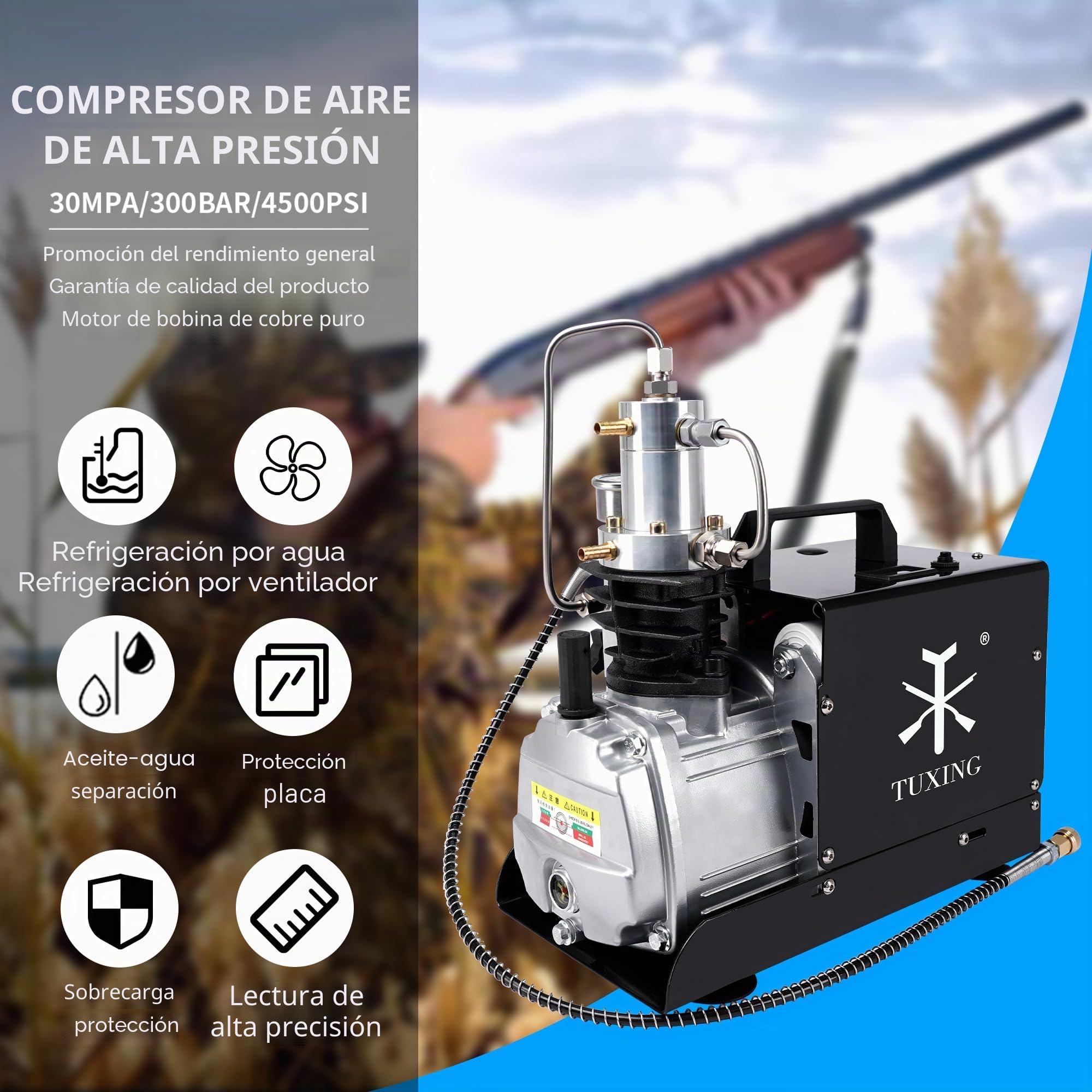 TUXING 300Bar/4500Psi Pcp Compresor, Compresor de aire eléctrico de alta presión, Estación de llenado PCP Paintball para extinción de incendios y buceo, pruebas de presión y fugas (30Mpa) 220V