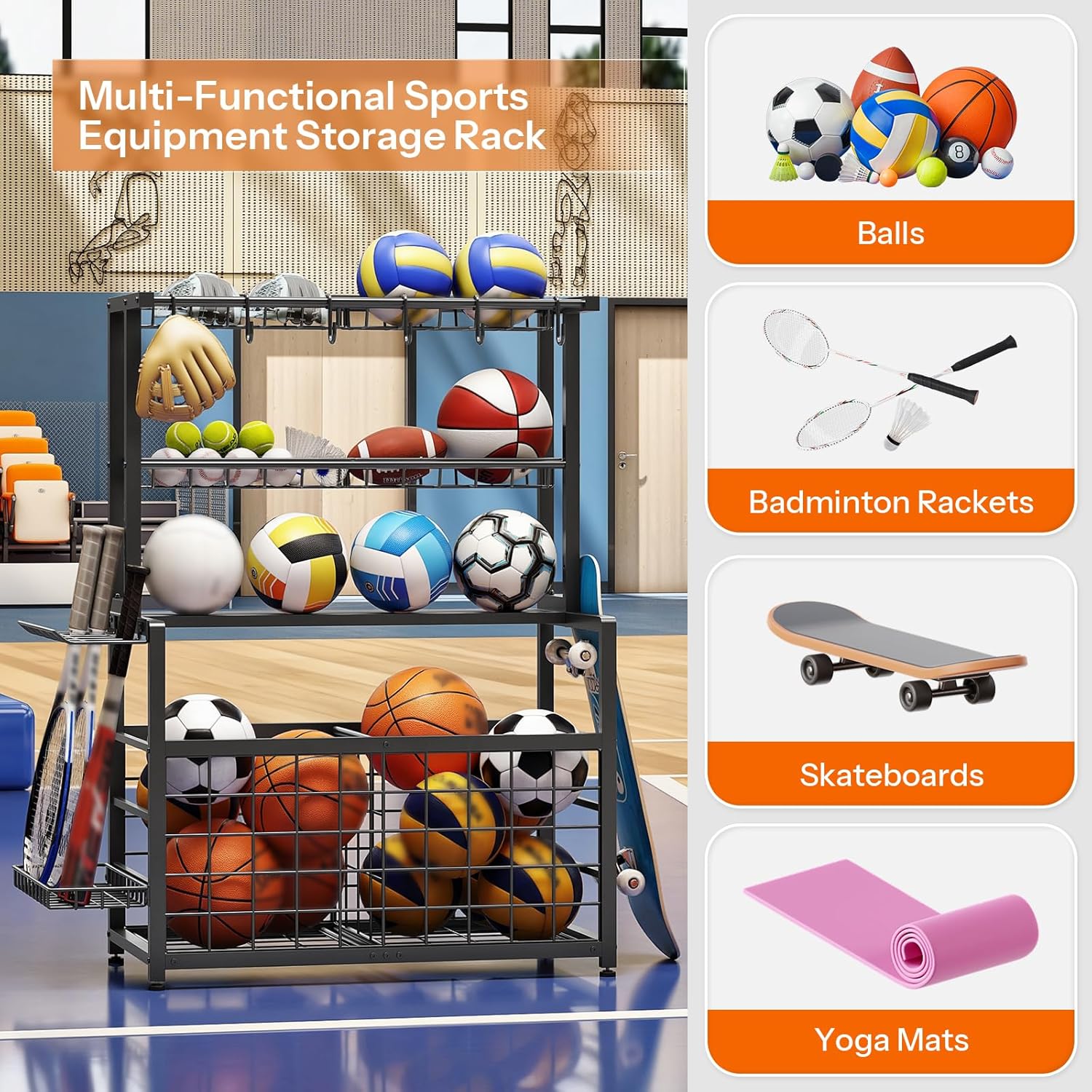 HOOBRO Sports Equipment Garage Organizer, Ball Storage Rack with Basket, Heavy Duty Ball Holder with Hooks, for Outdoor, Garage, Club, Basement, Black BK80JJ01
