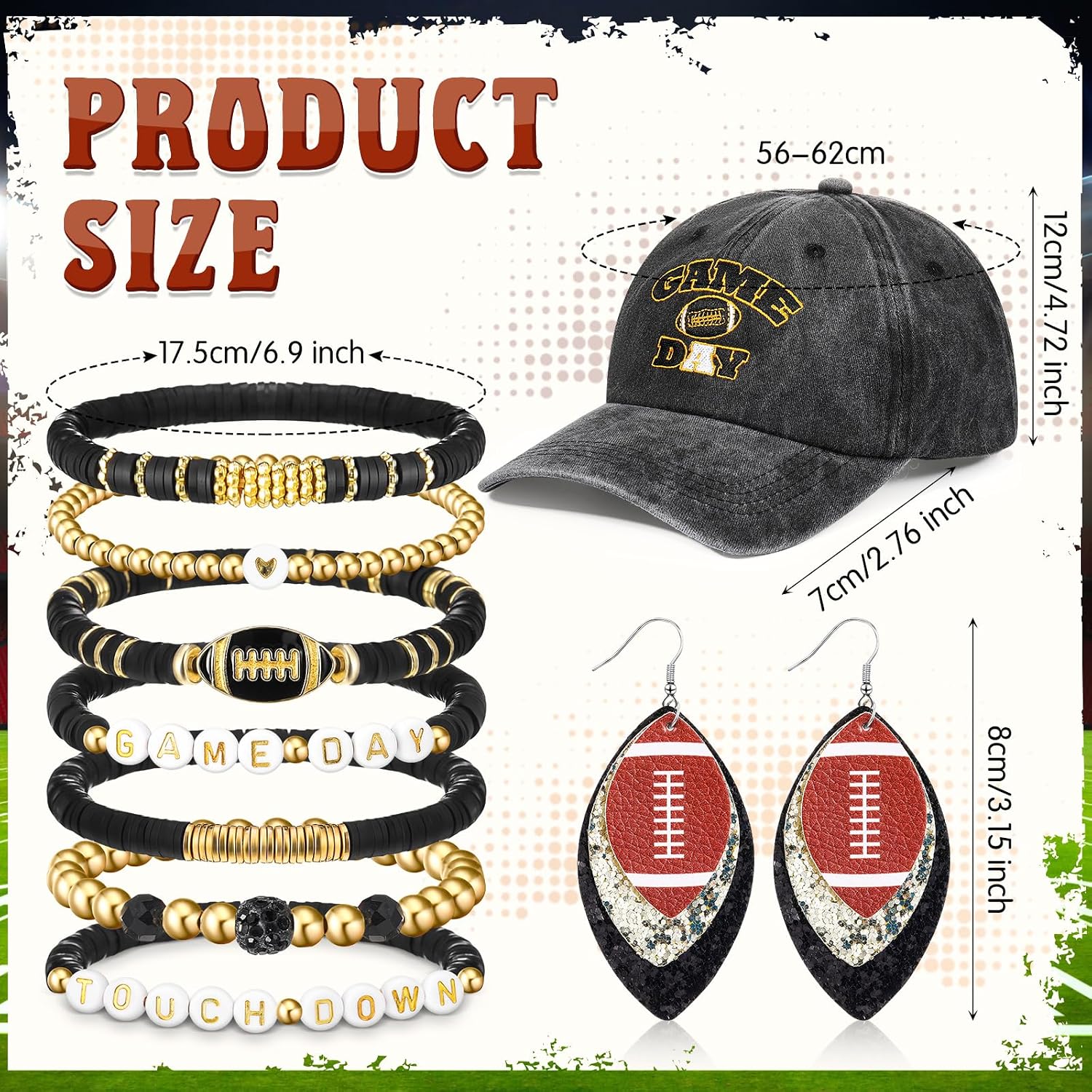  10 Pcs Football Game Day Accessories for Women Set, Embroidered Football Hat, Beaded Bracelets and Earrings thumbnail