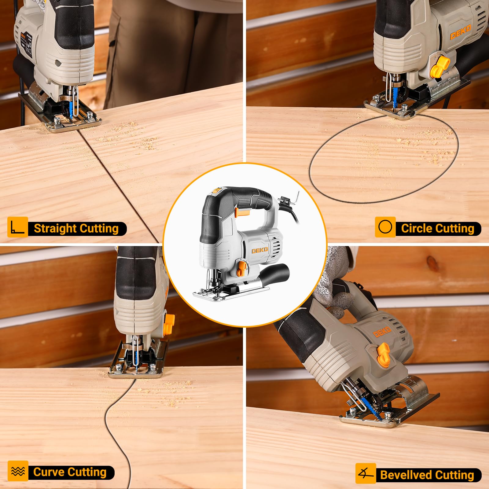 Seghetto Alternativo Elettrico: DEKOPRO 550W Seghetto per Legno con 6 Velocità Variabili da 800 a 3000 Tagli al Minuto, con Luce LED, Taglio Inclinato ±45° e 8 Lame per Legno, Metallo e Plastica