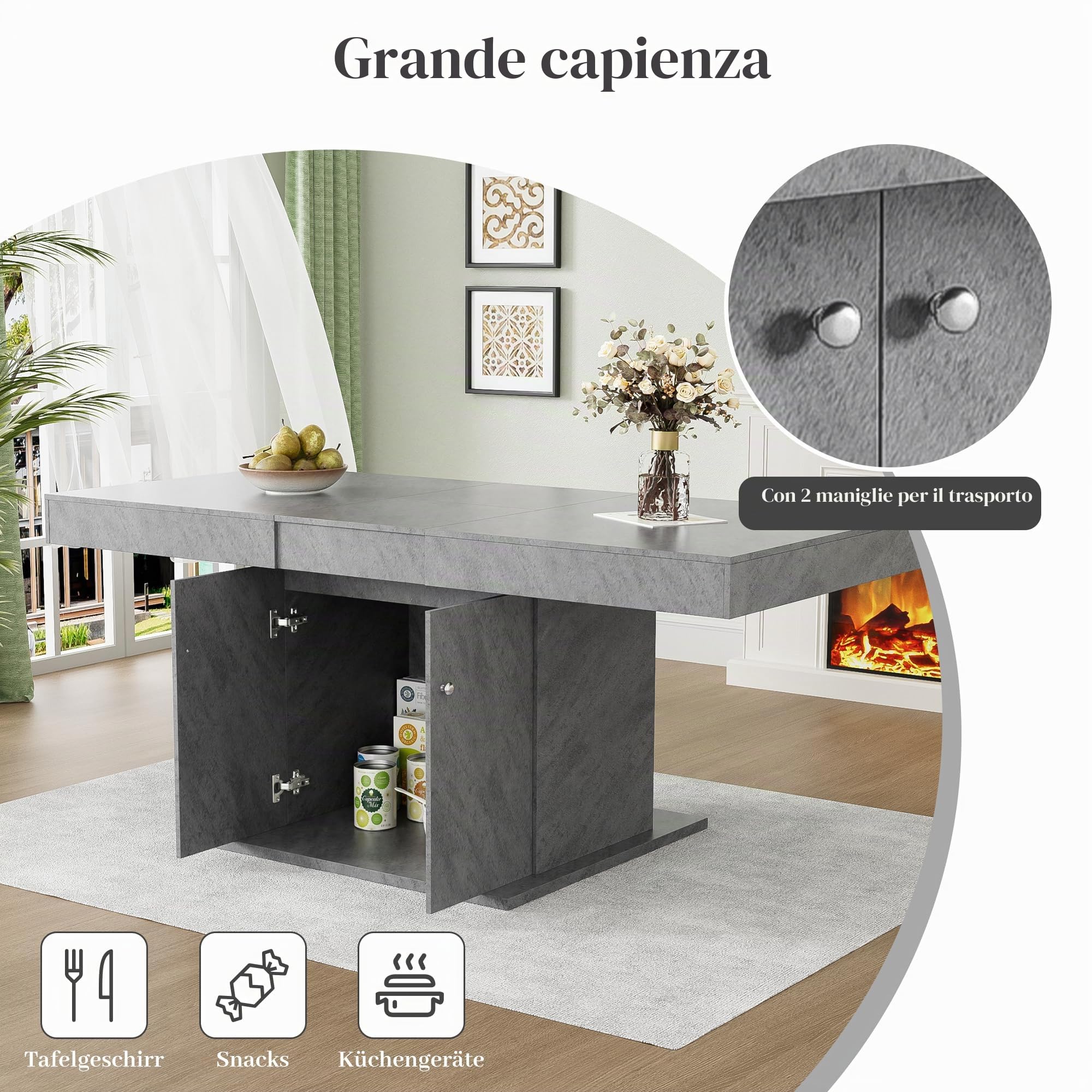 Soweiz Tavolo da pranzo allungabile con vano portaoggetti, salvaspazio, multifunzione telescopico automatico, L140/180 x 80 x 76 cm (effetto calcestruzzo)