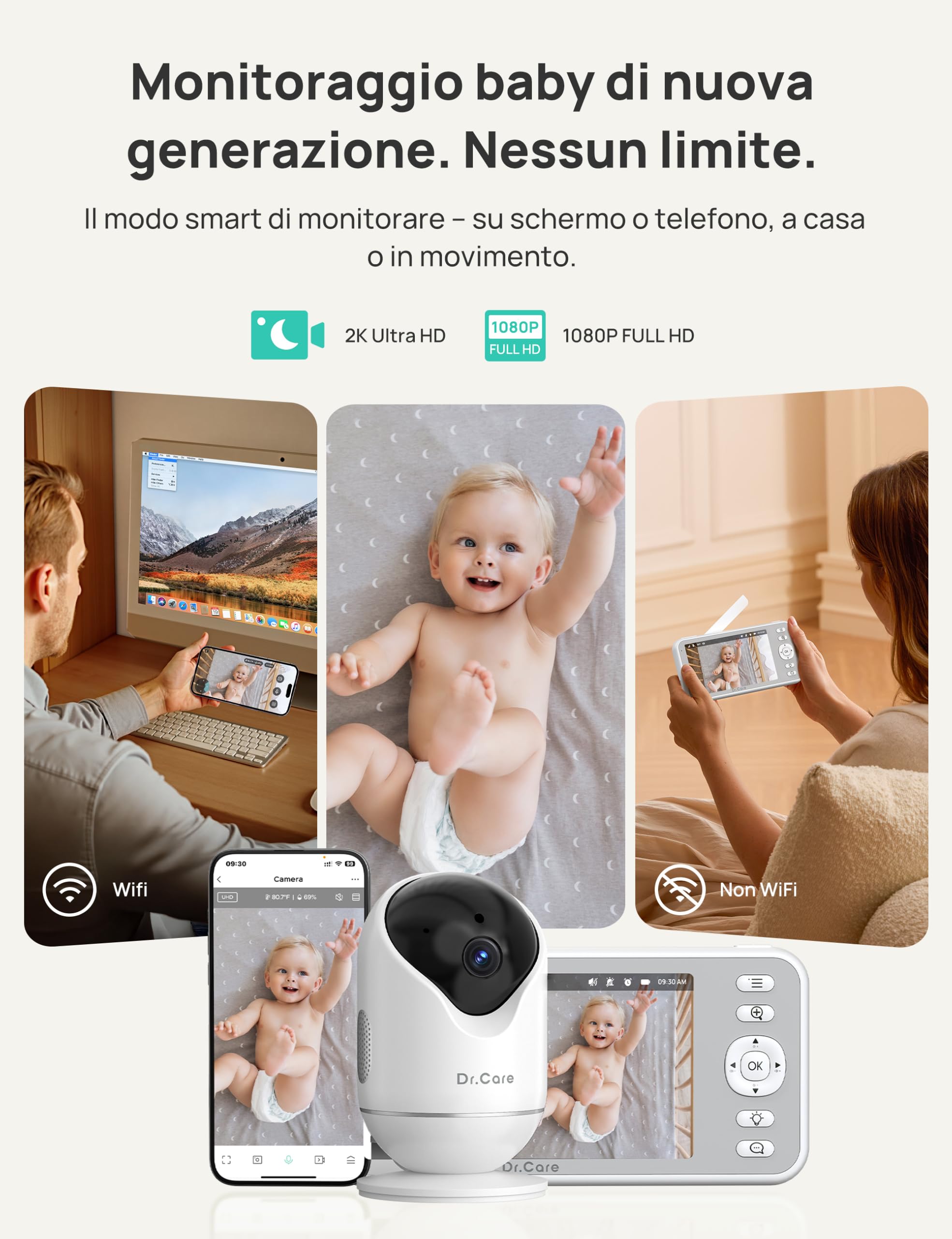 Dr.Care Baby Monitor WiFi 2K, 5", App, supporto a clip & allarme movimento | Tracciamento persone,rilev. suono/movimento/temp./umidità, batt rimov. 5000mAh, portata 390m, visione nott. HD, VistaView RB
