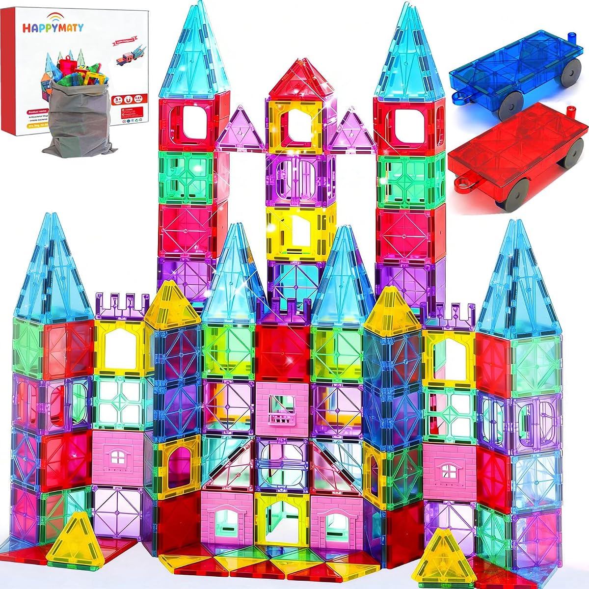 Azulejos magnéticos antibacterianos: 106 piezas de azulejos magnéticos para construcción con 2 autos para niños mayores de 3 años, inhibe el crecimiento bacteriano para un juego más seguro, juguete de bloques de construcción educativos STEM 3D