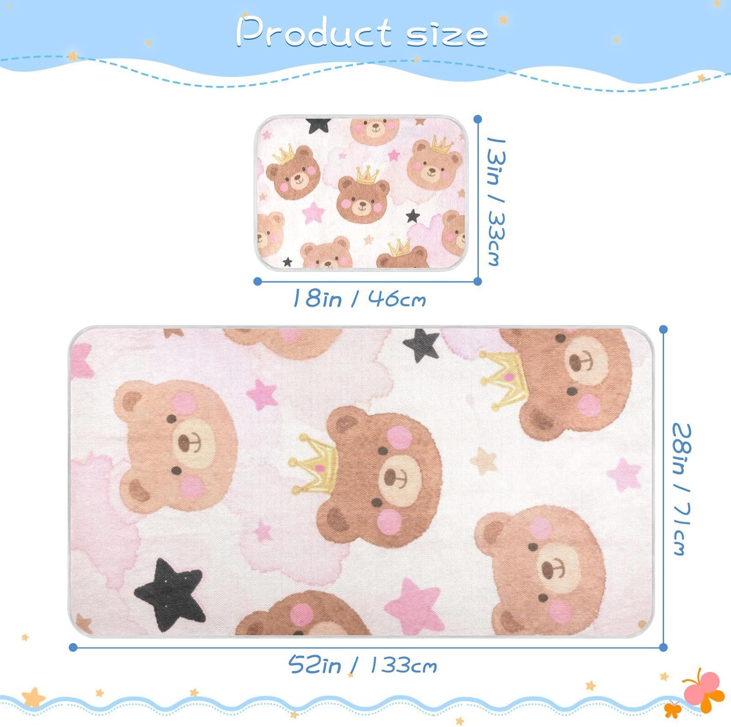 Cartoon Cute Brown Teddy Bear Cooling Baby Mattress pad Waterproof 28" x 52" Washable Mattress Protector pad for Baby&Toddler